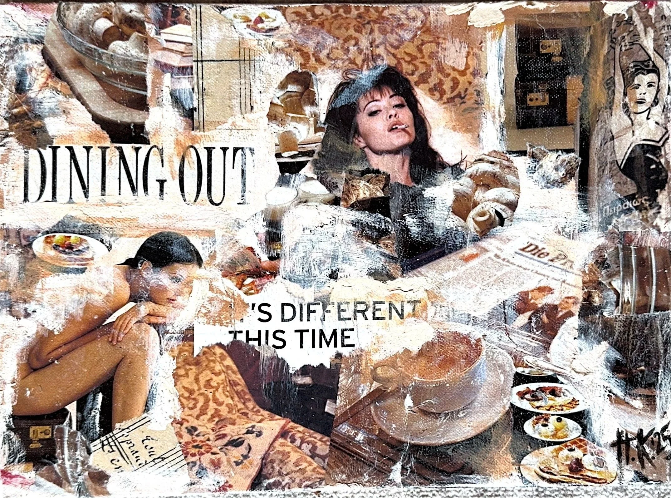 Mixed collage of photographs and illustrations featuring people, food, and text, with prominent words 'Dining Out' and 'It's Different This Time'.