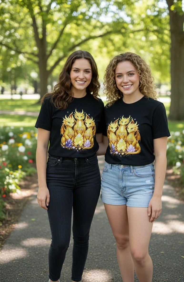 Camisa Dragones Dorados De Luz (Love) Amor, (Hope) Esperanza & (Peace) Paz