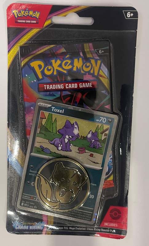 Pokémon Mega Evolution Chaos Rising Checklane Blister Pack (1 Booster Pack, Toxel Promo Card & Coin) Front.PNG