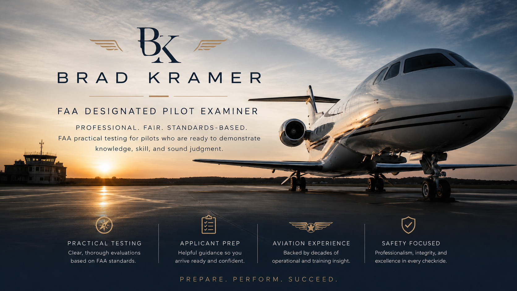 Promotional image of a private jet at sunset with text about Brad Kramer, FAA designated pilot examiner, highlighting practical testing, applicant prep, aviation experience, and safety focus.