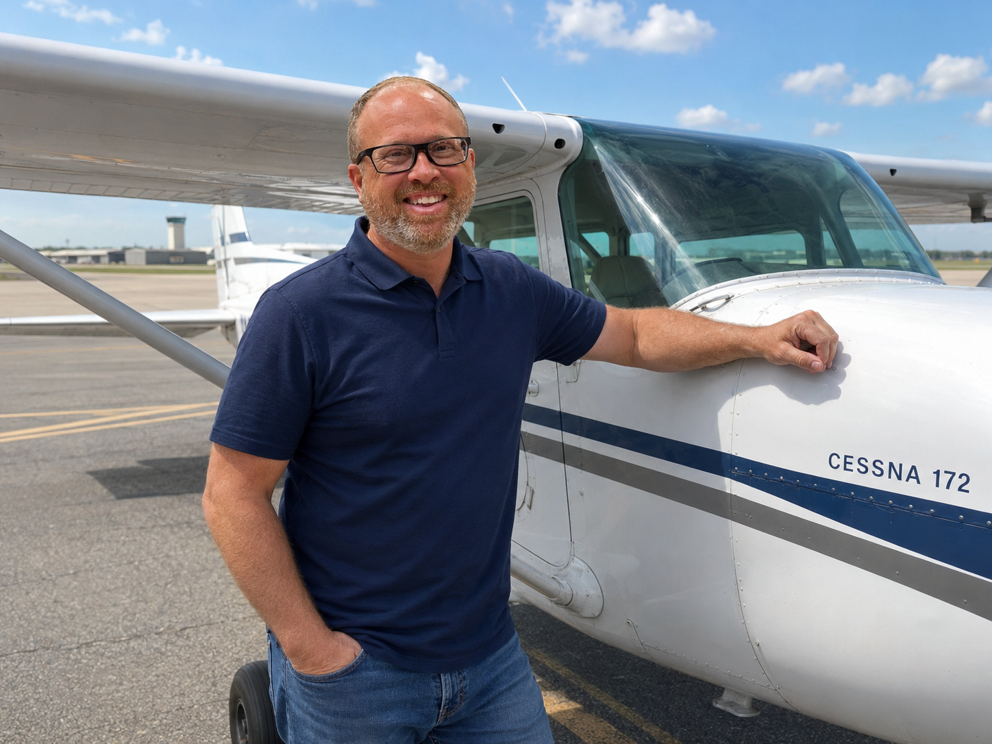 A smiling man with glasses and a beard, wearing a navy blue polo shirt and jeans, standing next to a small white aircraft with the model number 'CESSNA 172' on its side, on an airport tarmac.