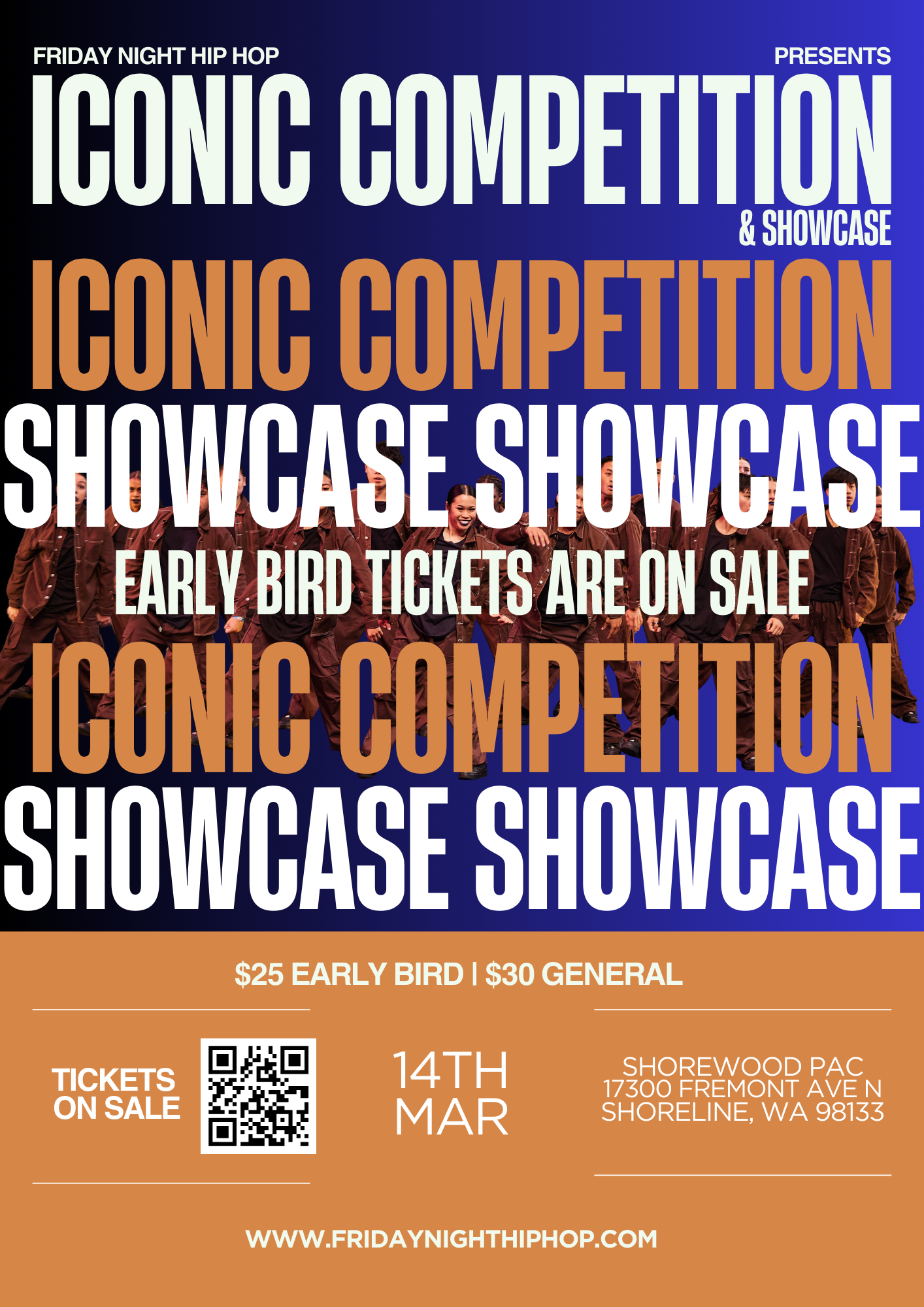 A group of nine dancers performing on a stage illuminated with purple and red lighting, with some dancers bent over and others with raised arms, creating a dynamic dance scene.