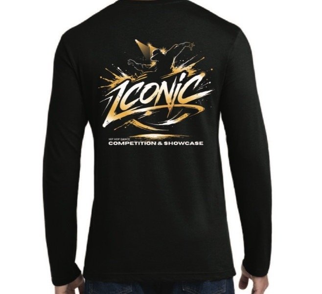 Special Edition - Black Long-Sleeve T-Shirt with Gold & White Dance & ICONIC image on back.