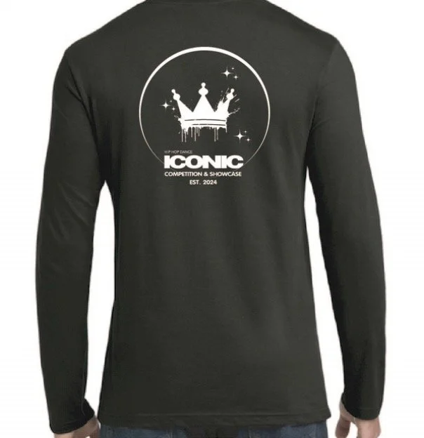 ICONIC White Crown Black Long-Sleeve T-Shirt with ICONIC image on back.