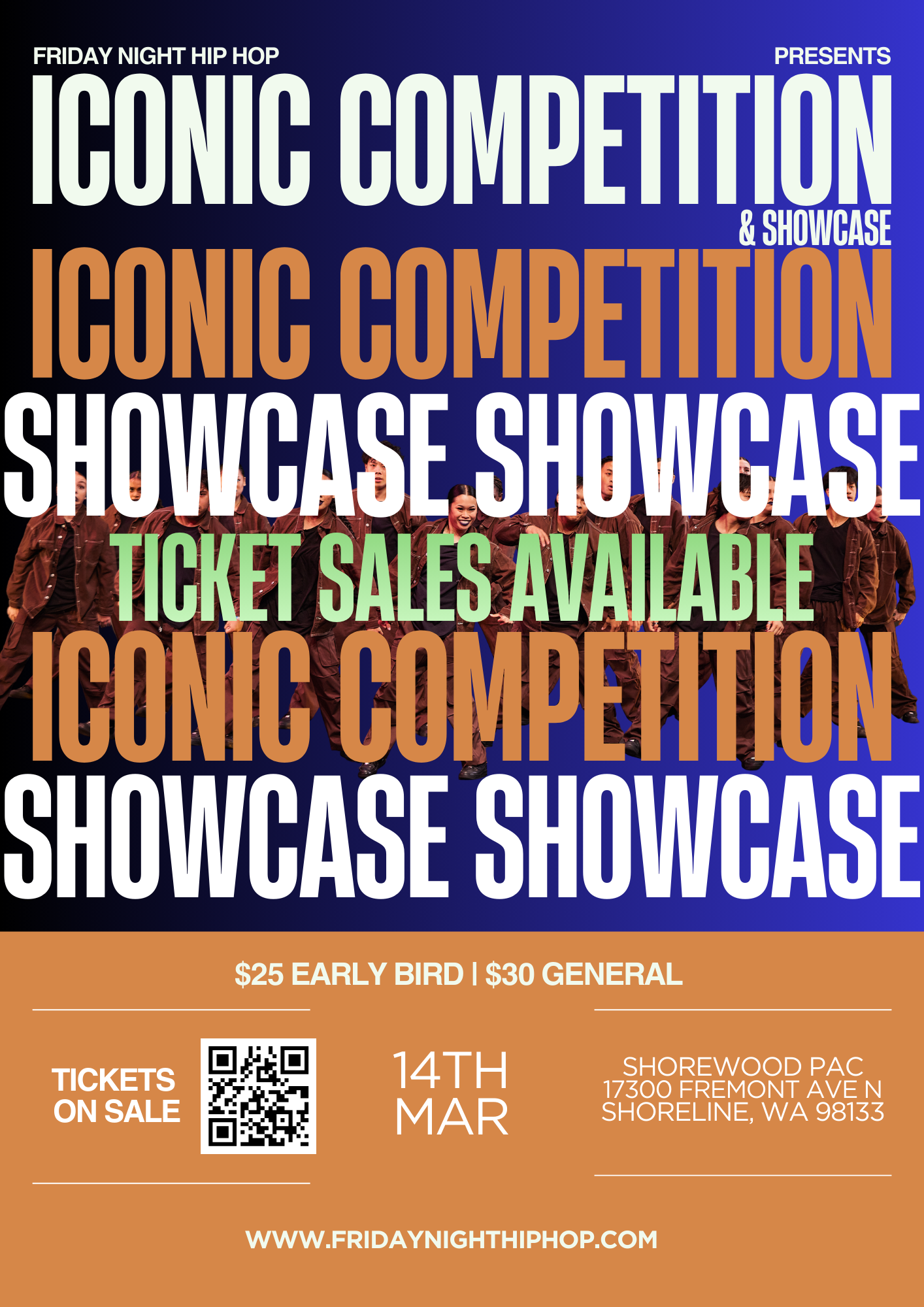 A group of nine dancers performing on a stage illuminated with purple and red lighting, with some dancers bent over and others with raised arms, creating a dynamic dance scene.