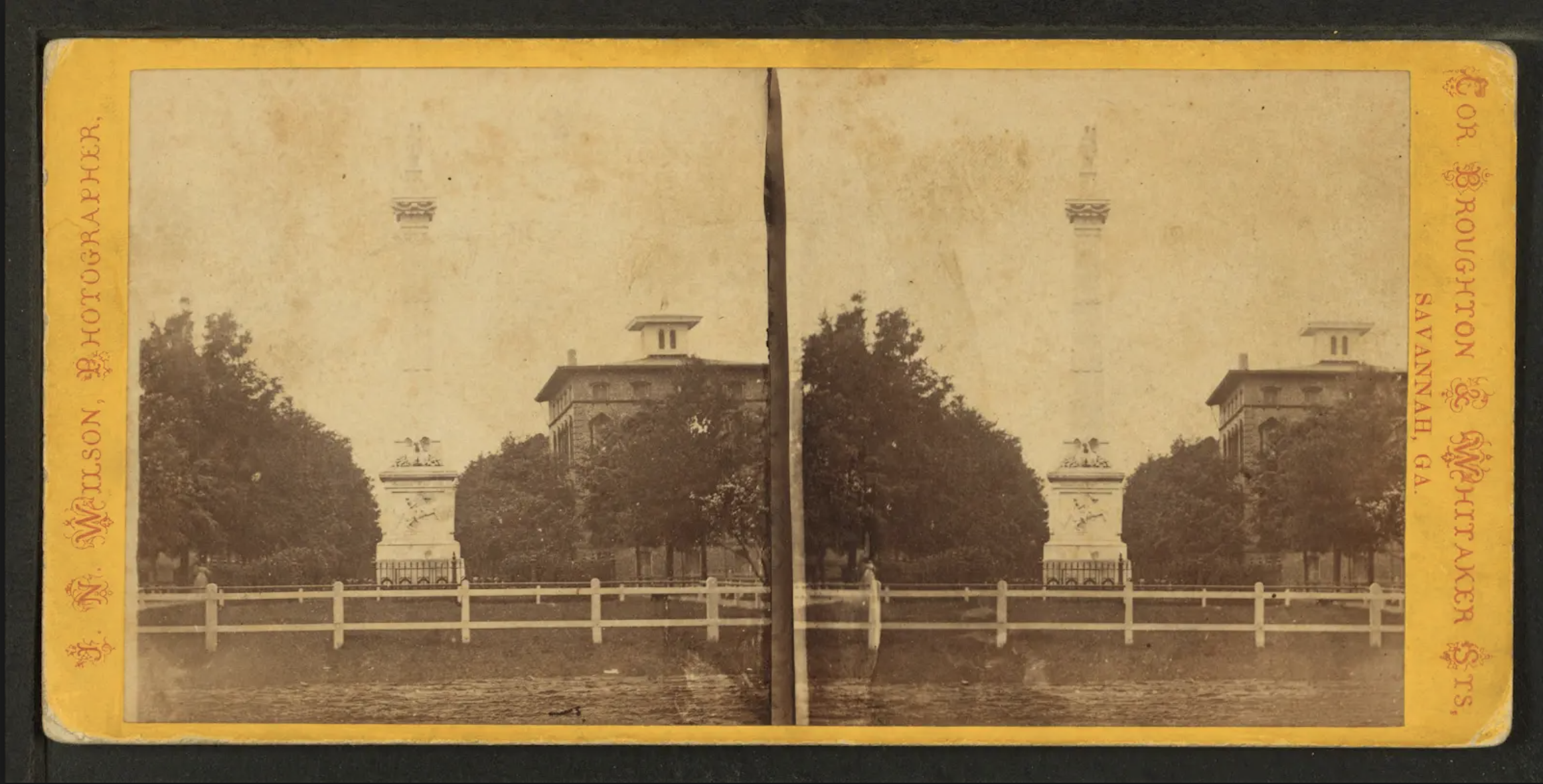 Stereoscopic view of the Pulaski Monument from the NYPL Robert N. Dennis collection of Stereoscopic views dated 1864. Noble Hardee House visible to the right of the Pulaski Monument.