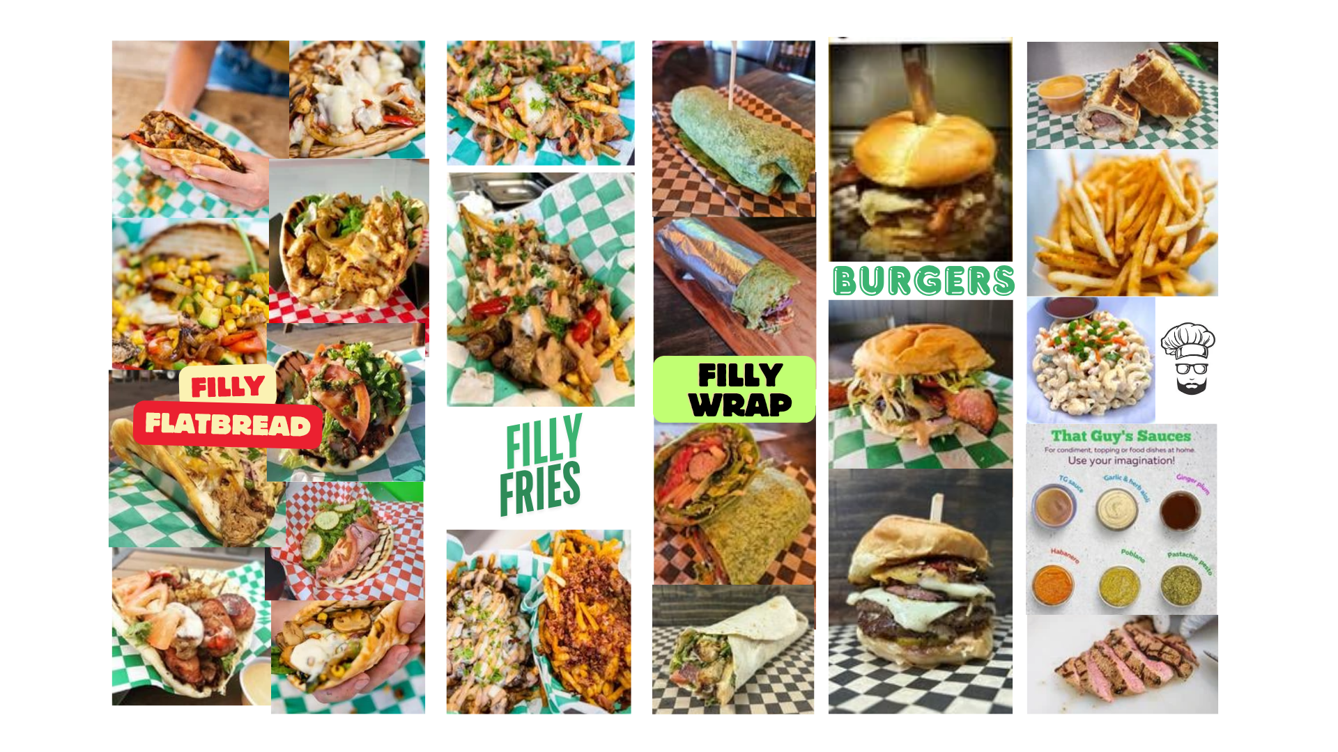 Collage of various fast food items including burgers, fries, burritos, flatbread, and sauces, with text labels on some items like "Filly Flatbread," "Filly Fries," "Filly Wrap," and "Burgers," set on checkered paper and plates. That Guy's Bistro.