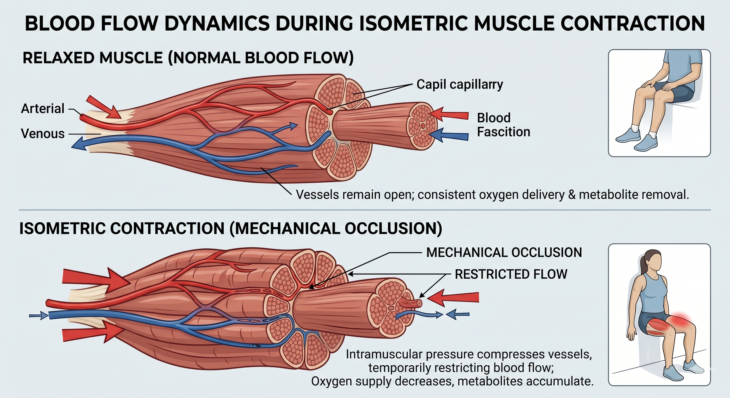 Anatomical diagram comparing normal blood flow in a relaxed muscle to restricted blood flow and mechanical occlusion during an isometric muscle contraction.