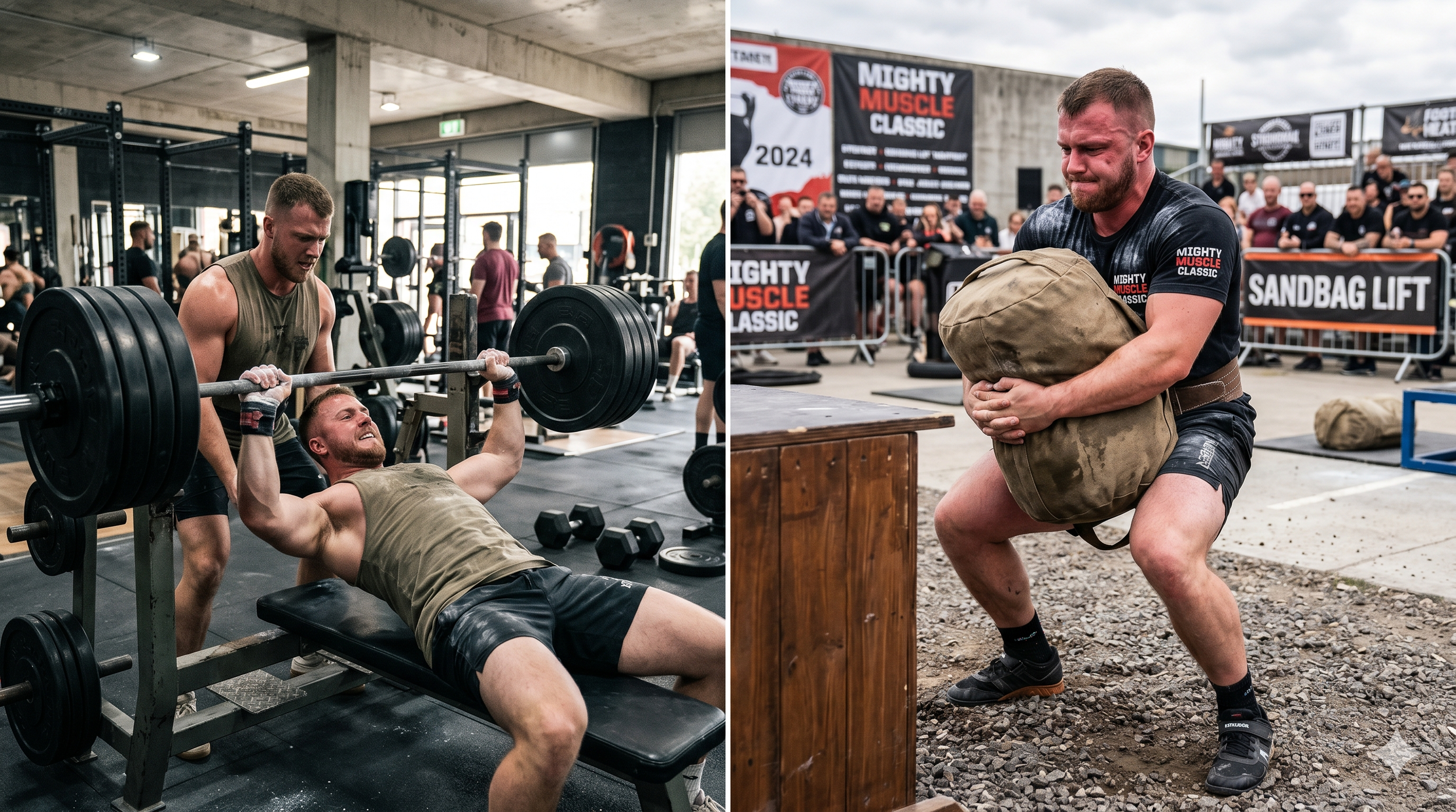 A split-screen comparison showing a man performing a heavy barbell bench press in a modern commercial gym on the left, and a strongman athlete hoisting a large sandbag during an outdoor competition on the right.