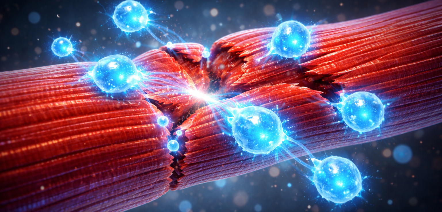 3D medical illustration showing the process of muscle hypertrophy, specifically satellite cell activation and myofibrillar repair following resistance training.