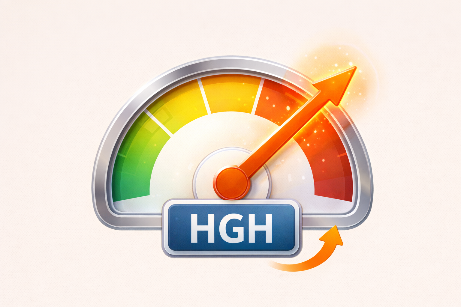 Illustration of a human growth hormone (HGH) meter with the gauge rising, symbolizing increased HGH levels and improved recovery and longevity.