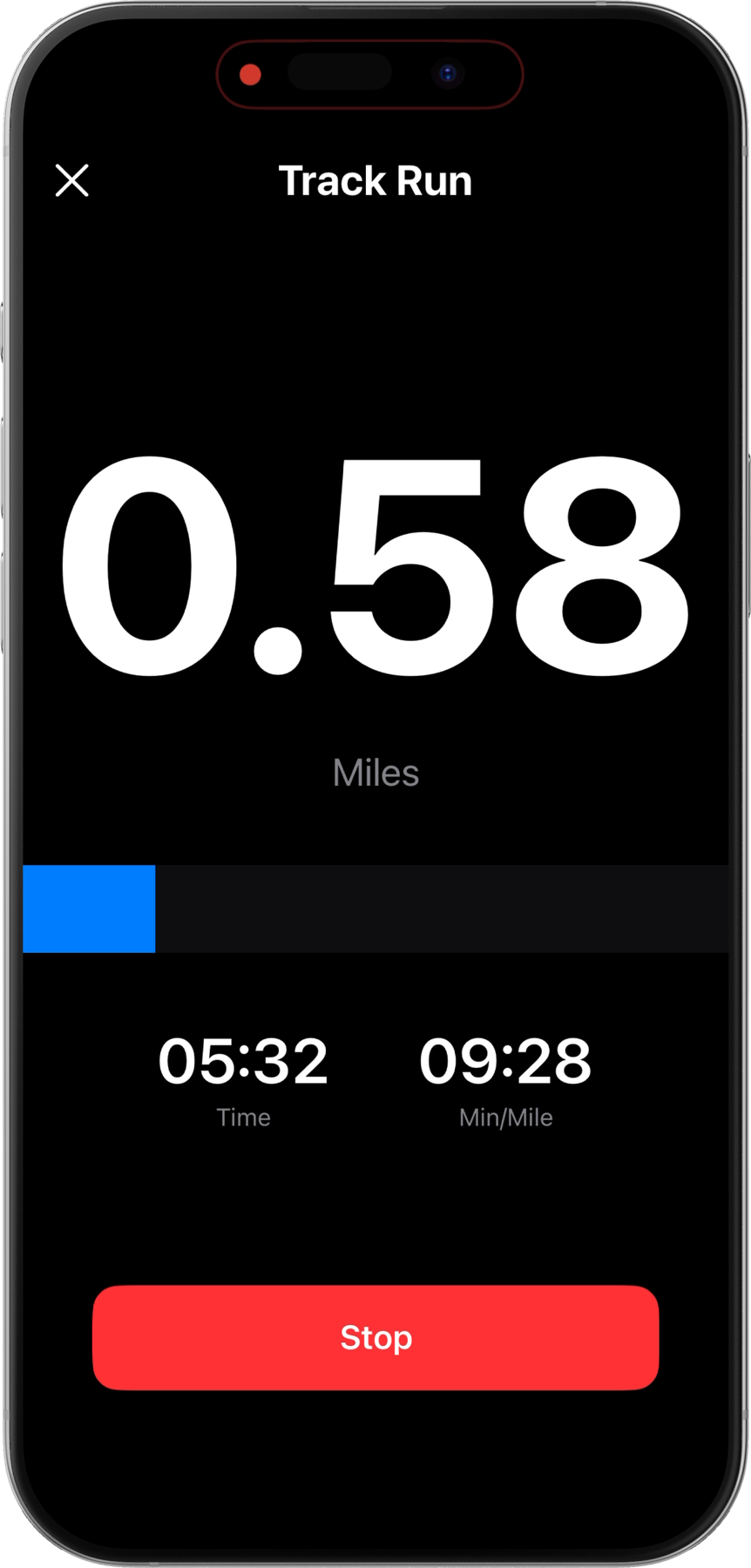 Athalon Track Run screen showing distance, time, and pace