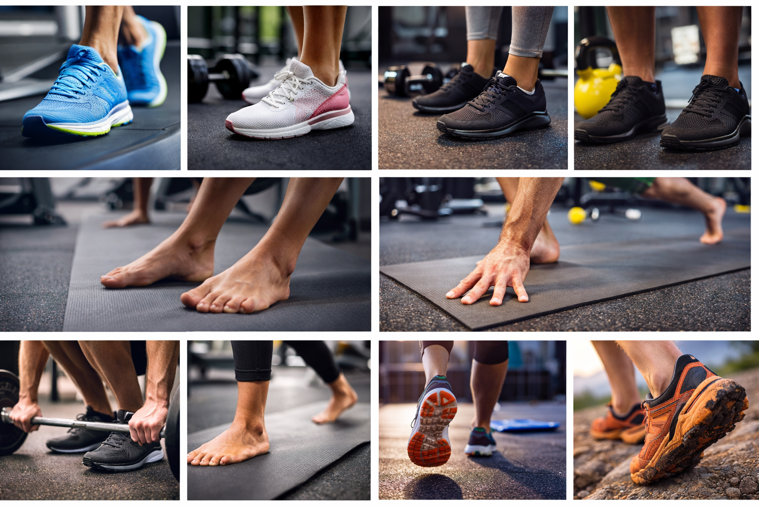 Collage of athletic footwear and bare feet during fitness activities, including running shoes on a treadmill, gym training shoes near dumbbells and kettlebells, trail running shoes on dirt