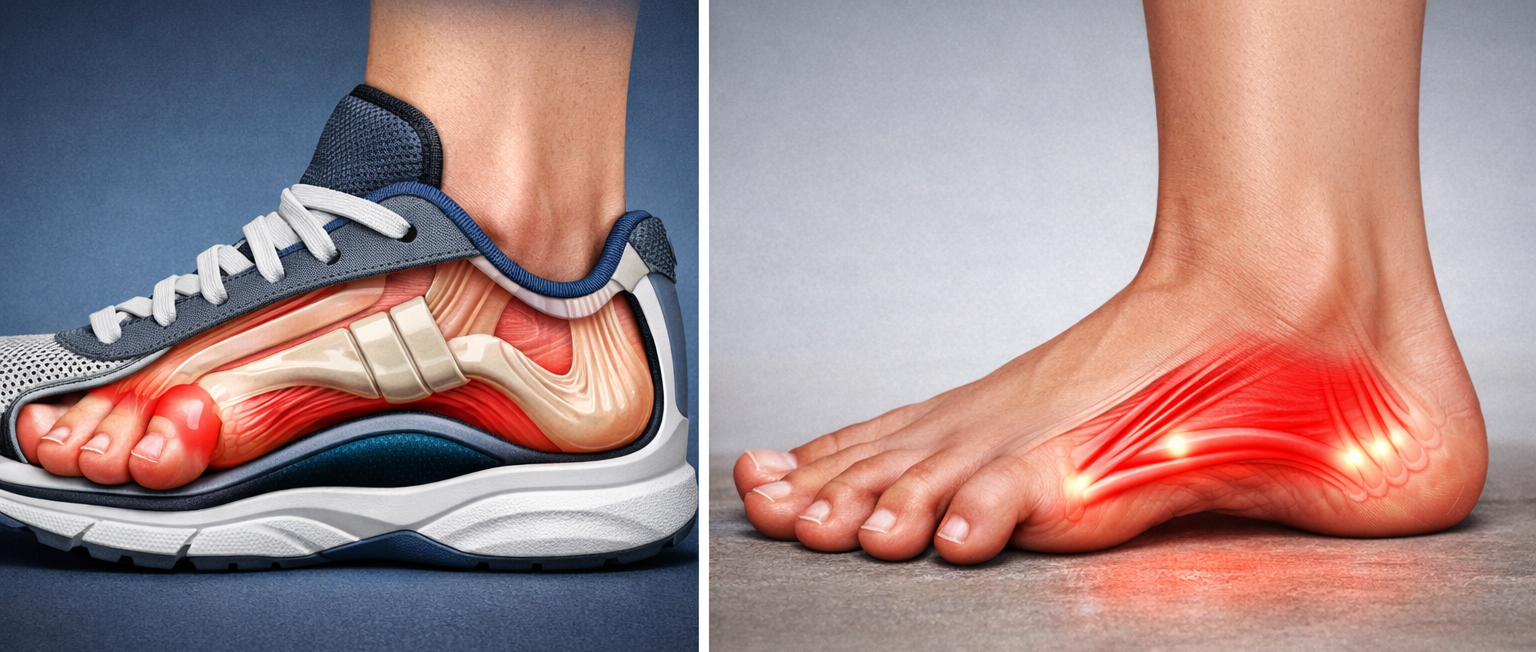 Split-screen medical illustration comparing a foot compressed inside a narrow running shoe with toes squished and arch artificially supported