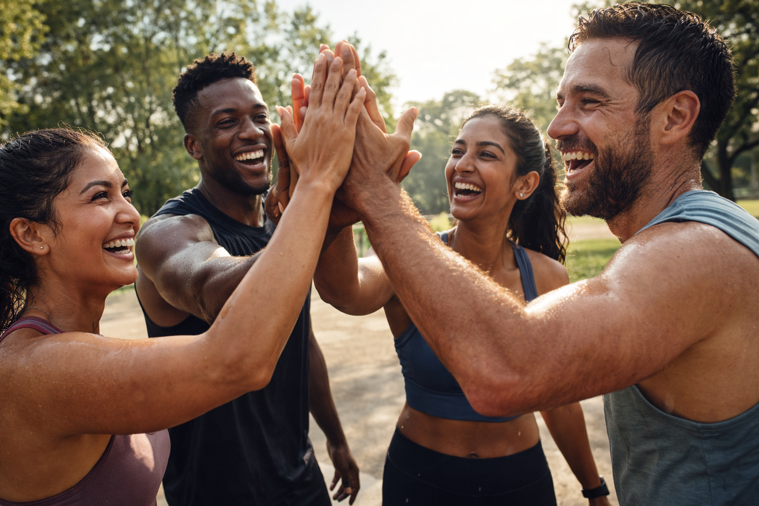 A diverse group of people smiling and high-fiving after an outdoor workout class, highlighting social connection and the mental health benefits of exercise.