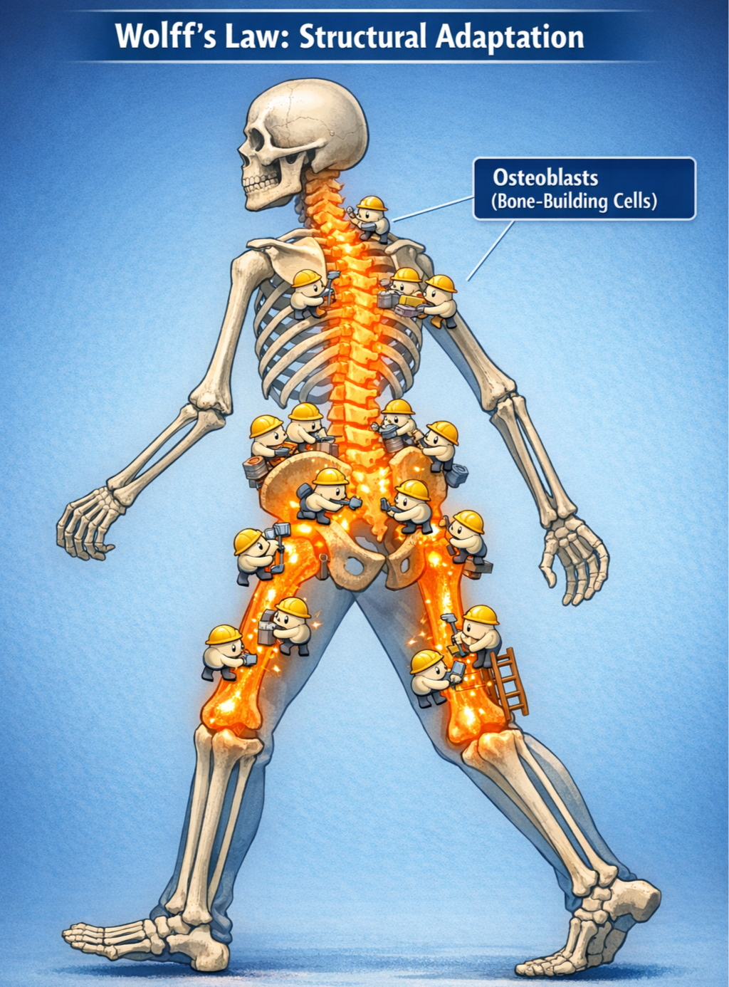 Medical diagram illustrating Wolff's Law during rucking, showing how vertical load stimulates bone density in the spine and hips to prevent osteoporosis.