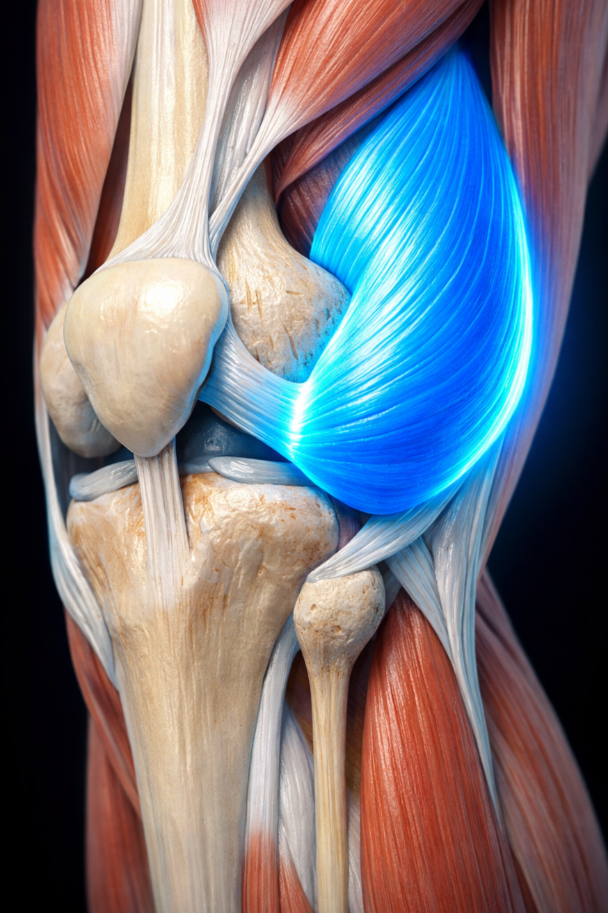 Close-up 3D anatomical illustration of the human knee highlighting the vastus medialis muscle in glowing neon blue, showing its teardrop shape and connection to the patella (kneecap) via the quadriceps tendon.