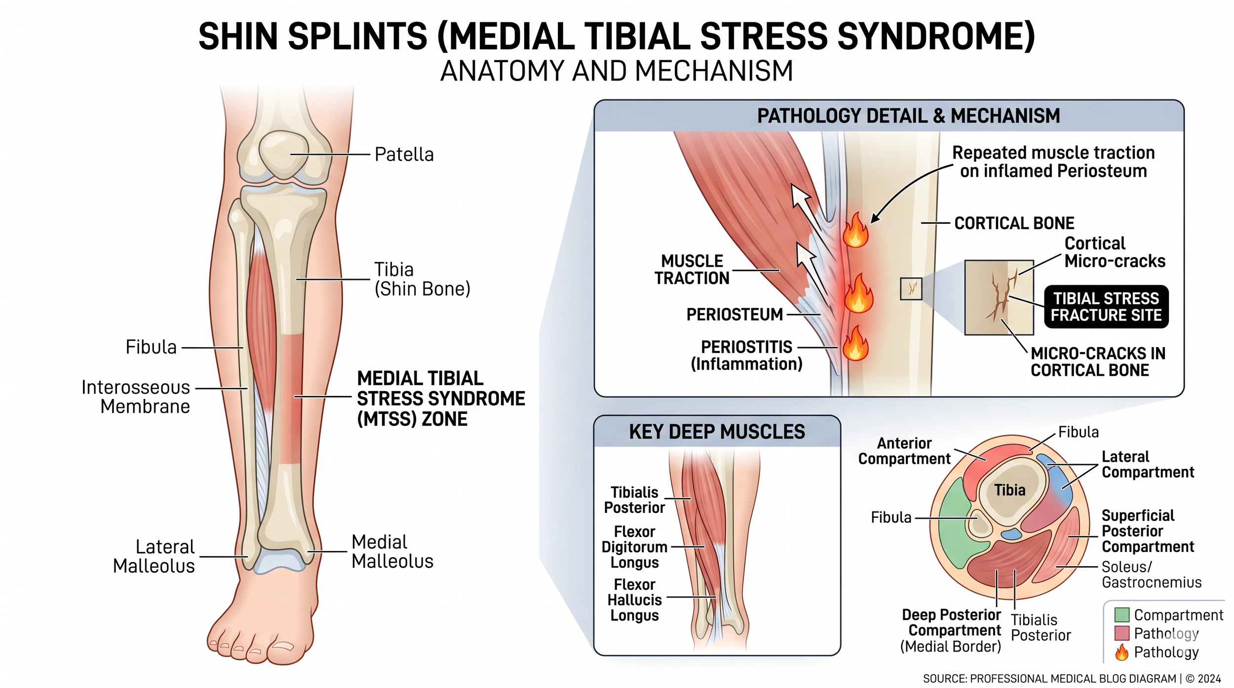 Diagram of shin splints anatomy showing pain zones, deep muscles, periostitis inflammation, and tibial stress fracture micro-cracks.