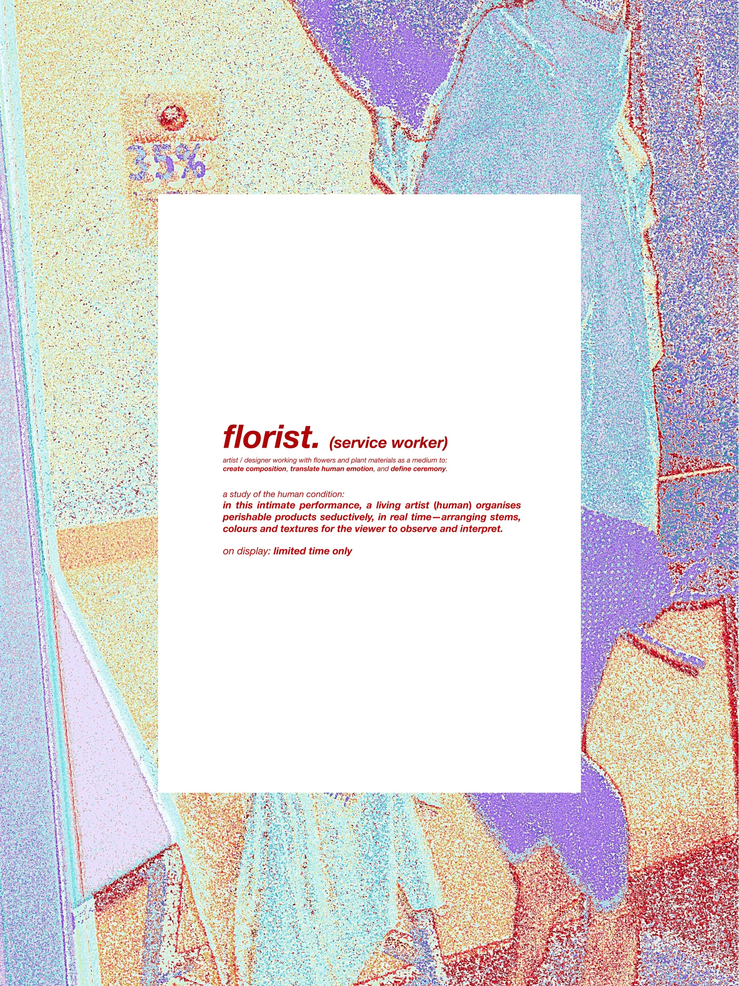 LAUNDRY SERVICE:

&ldquo;florist. (service worker)&rdquo;

Made to order.
100% cotton.
Unbranded.
Free shipping Australia-wide.

Available now:
flowersbybrettmatthewjohn.com