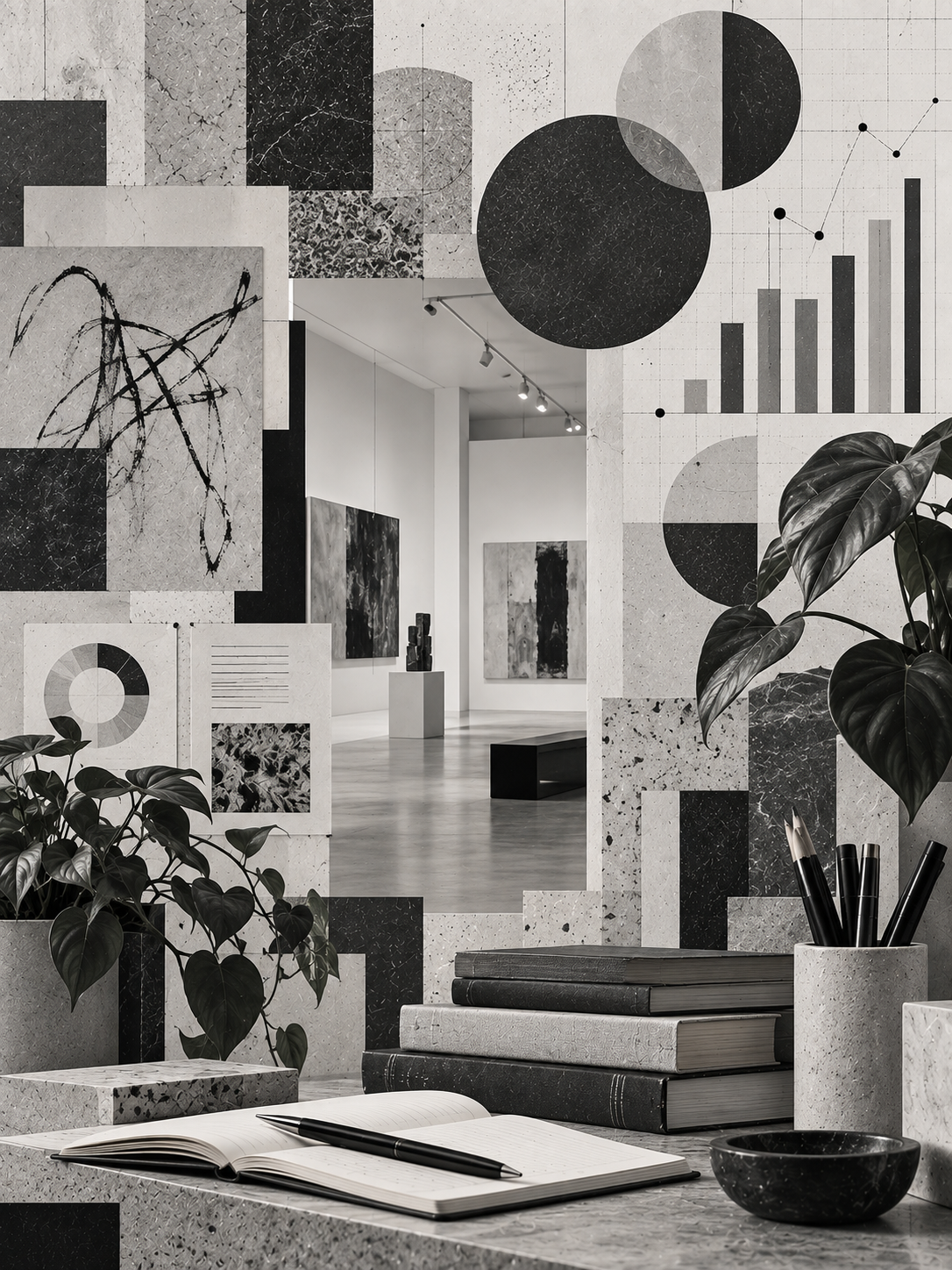 Black and white art gallery with abstract paintings and graphic charts on the walls, potted plants, and books on a table in the foreground.