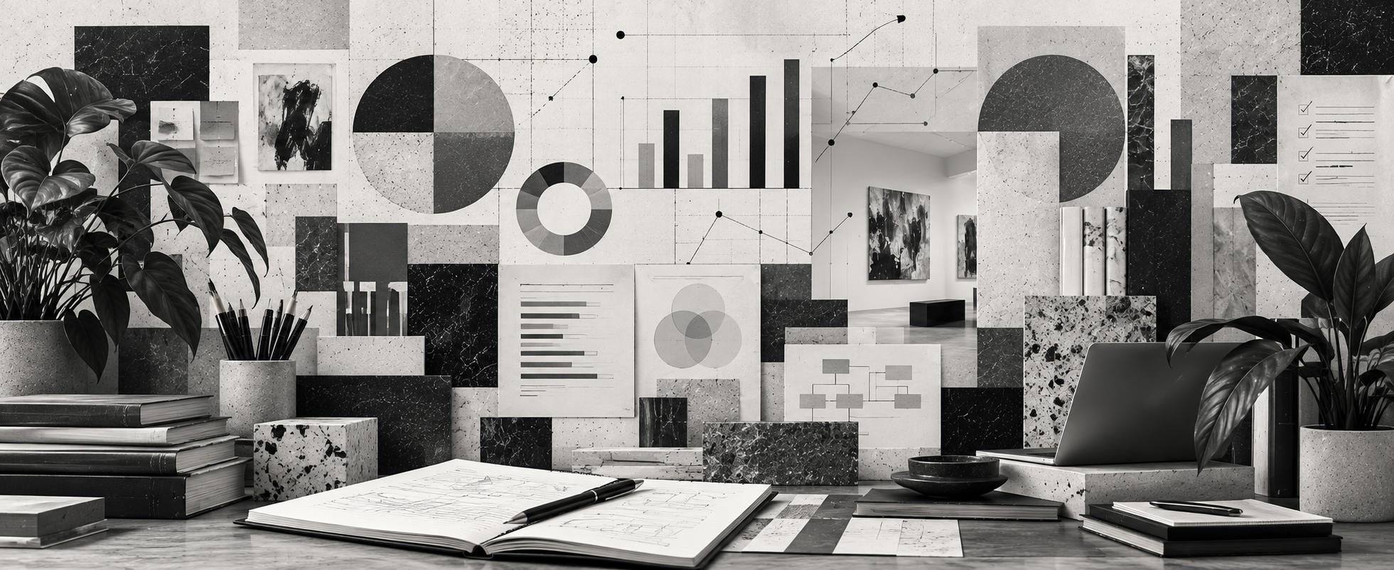 A workspace with a large graph board featuring charts and drawings, two potted plants, a laptop, notebooks, pens, and papers on a desk in a modern office.