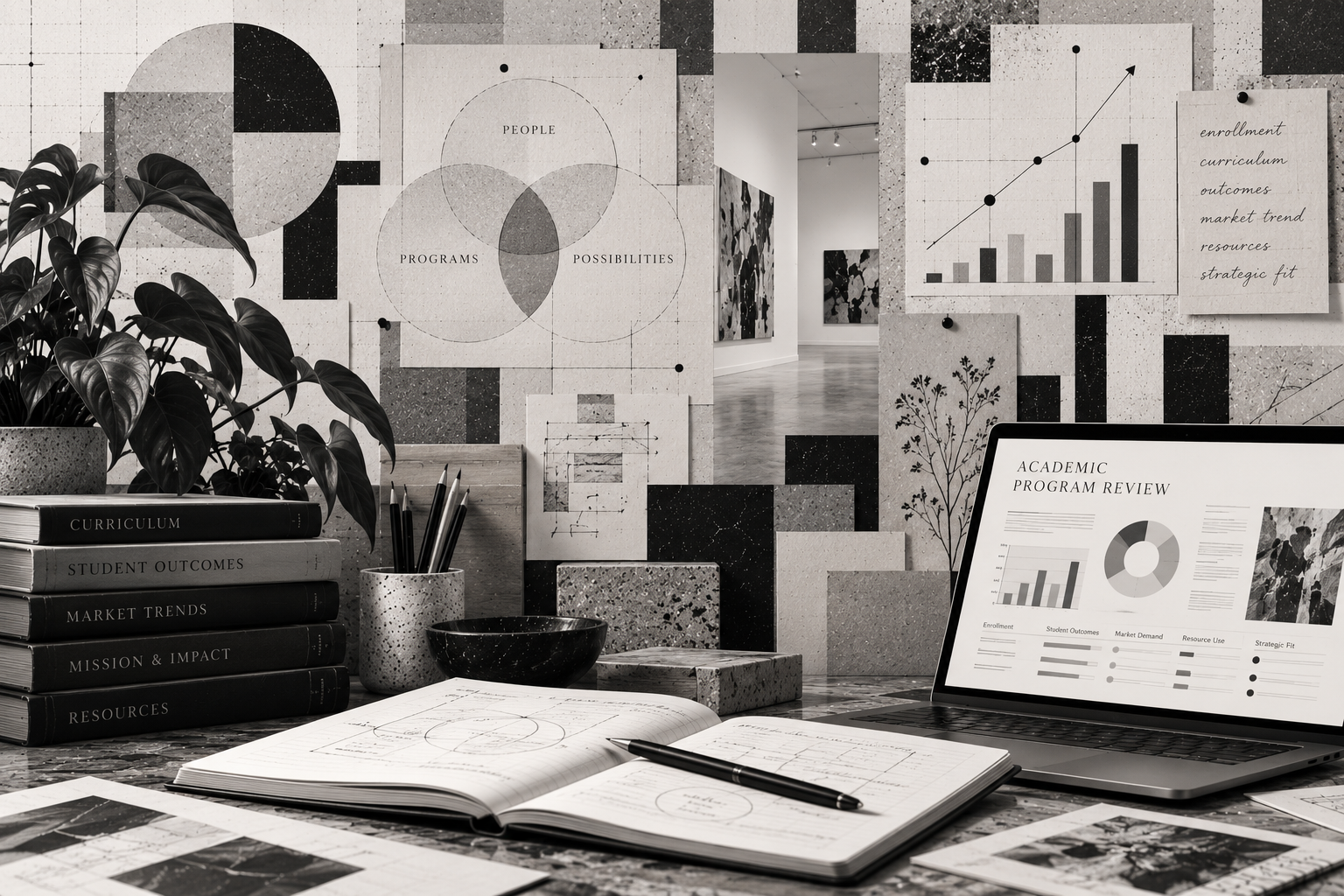 A workspace with a laptop displaying an academic program review, notebooks, books, pens, a plant, and charts in the background on a textured wall.