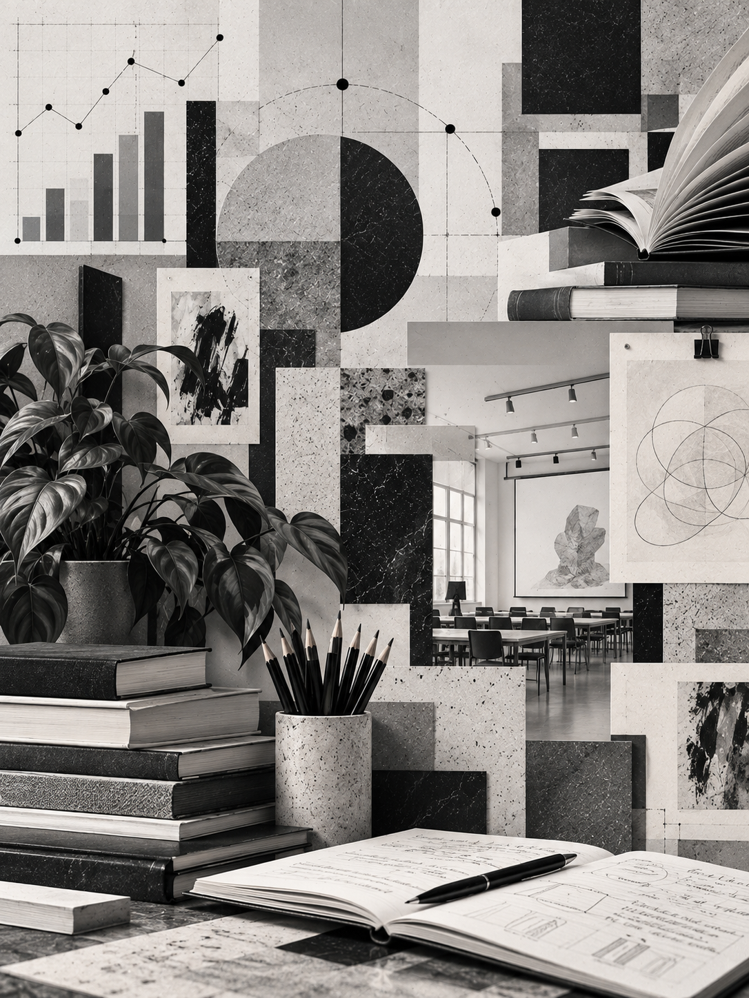 A grayscale collage of art supplies, books, a plant, and a classroom visible through a cutout in the collage wall with geometric patterns and abstract artwork.