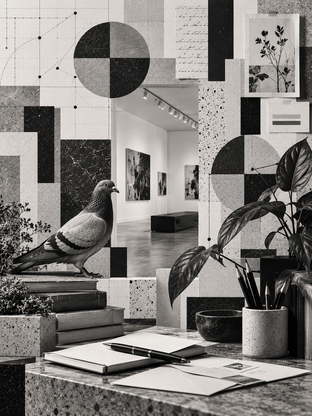 A black and white photograph of an art gallery with a decorated wall, a pigeon figurine on stacked books, a notebook, and a vase with plants and pens on a speckled tabletop.