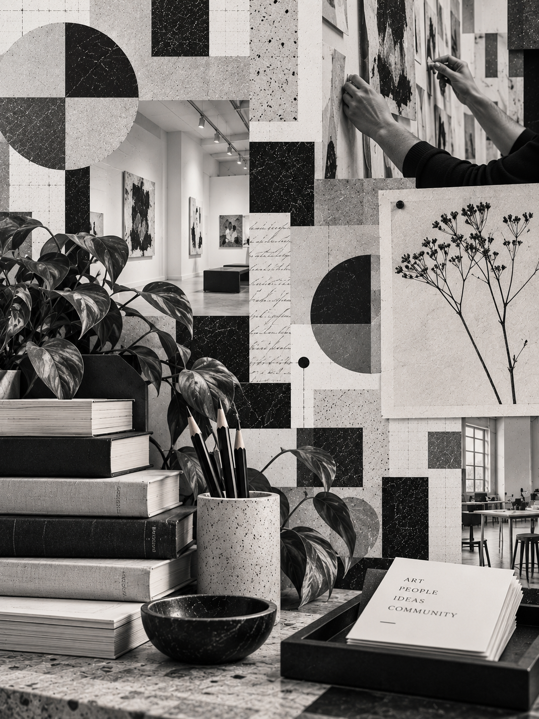 Arrangement of art supplies on a speckled tabletop with books, a plant, and framed artwork in a gallery setting.