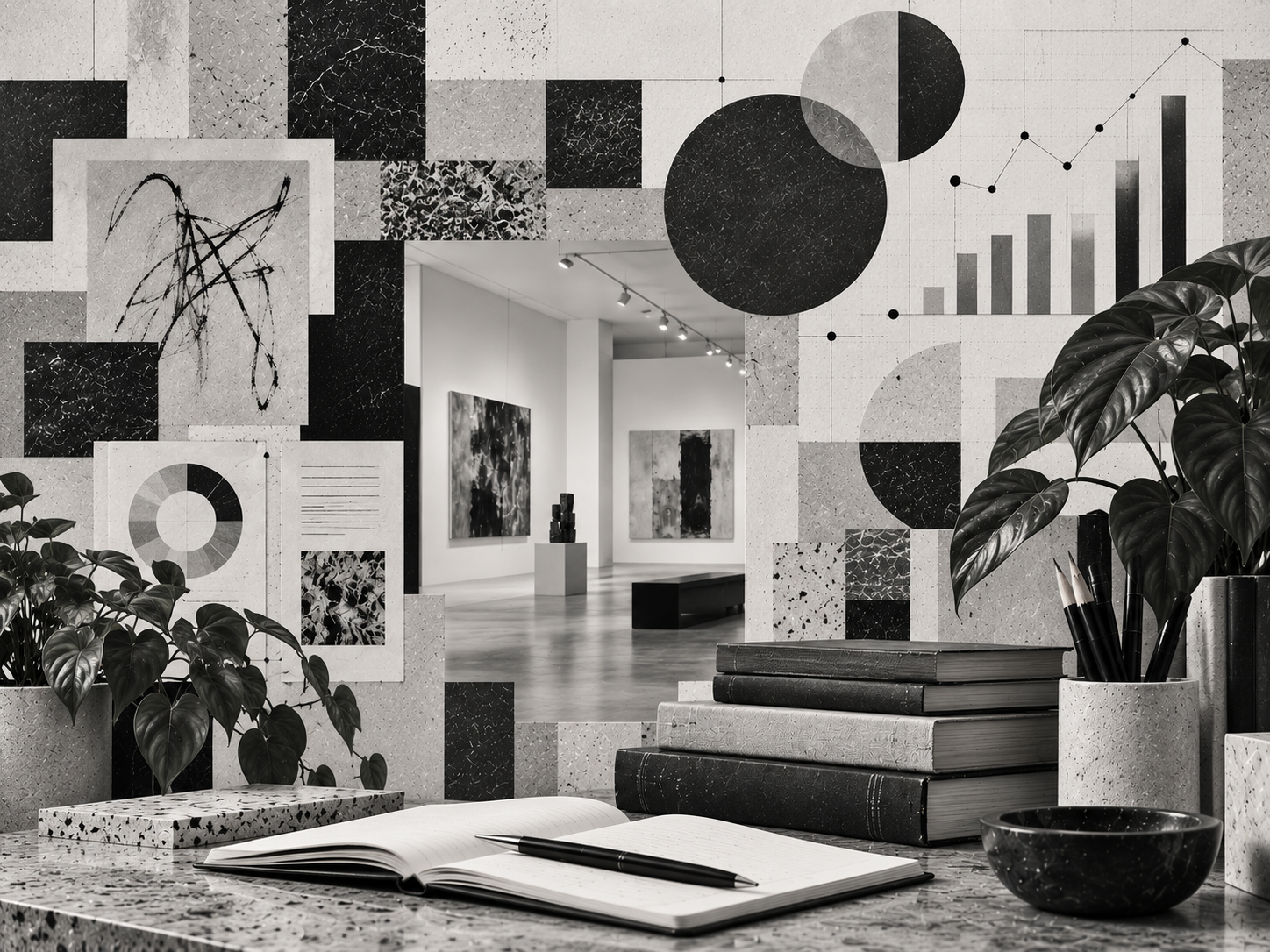 Black and white photo of an art gallery with abstract paintings on the walls and sculptures in the background, viewed through a decorative wall with geometric patterns. The foreground shows a desk with potted plants, pencils, books, and a notebook.