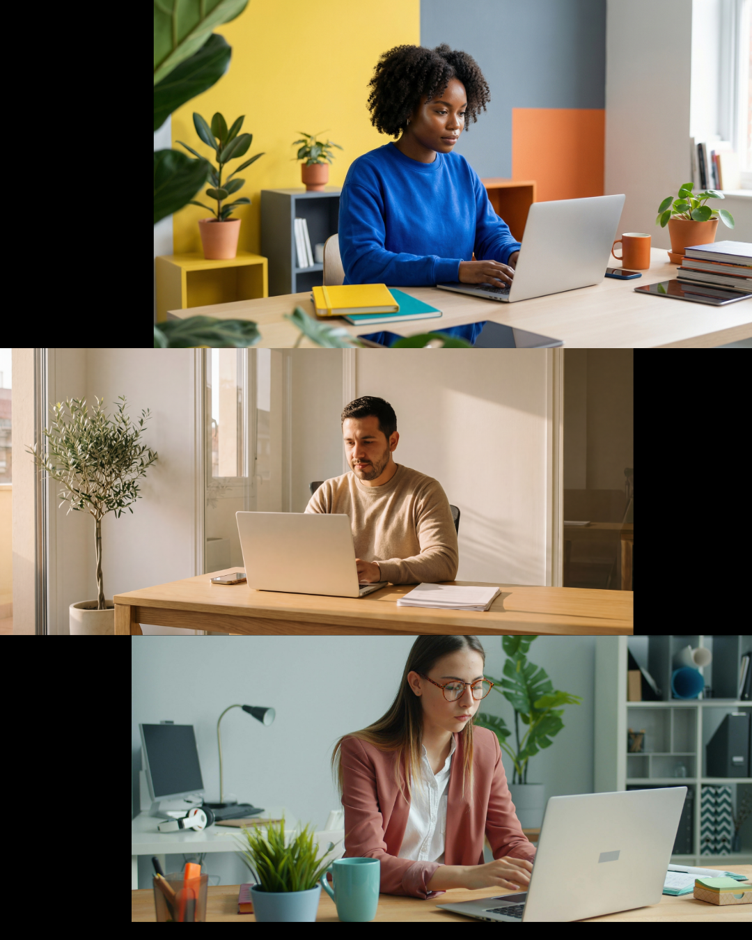 Three people working on laptops in different office settings.