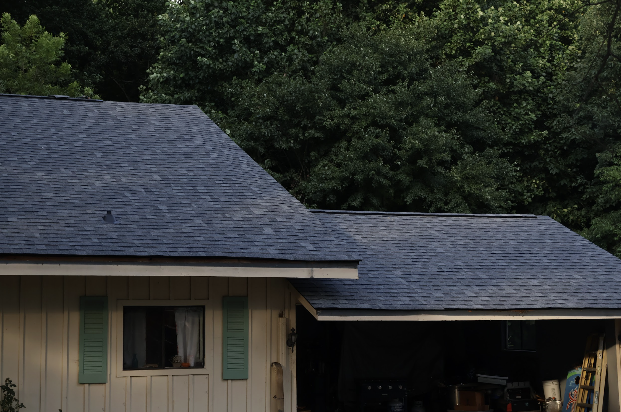 Side view of a house with a dark gray shingle roof and light-colored siding, green shutters, and a window with curtains. Tall trees with dense green foliage are in the background.