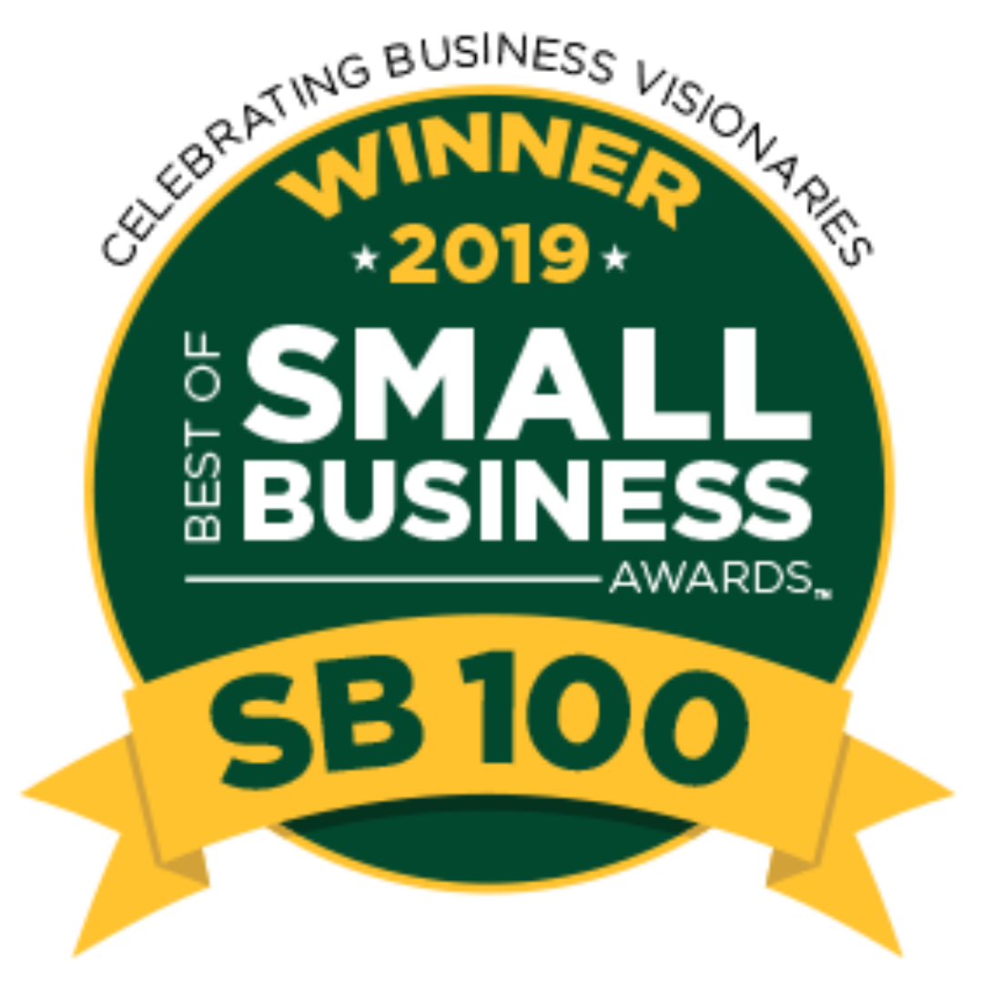 Award badge with green and yellow colors, text reading 'Winner 2019 Best of Small Business Awards SB 100'.