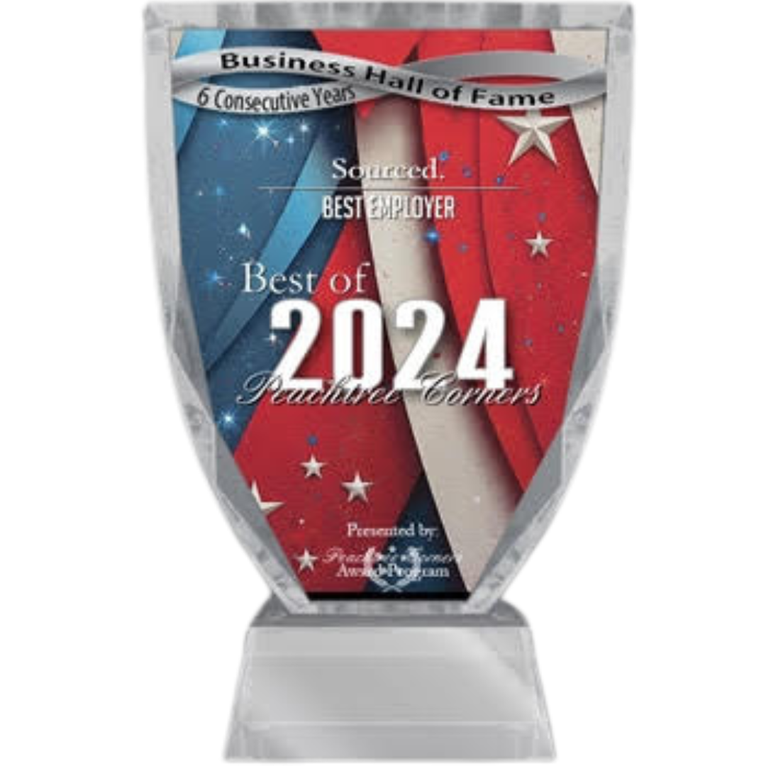 A crystal award trophy with a patriotic design, celebrating the 'Best of 2024' from the Business Hall of Fame, awarded for being a top employer for six consecutive years.