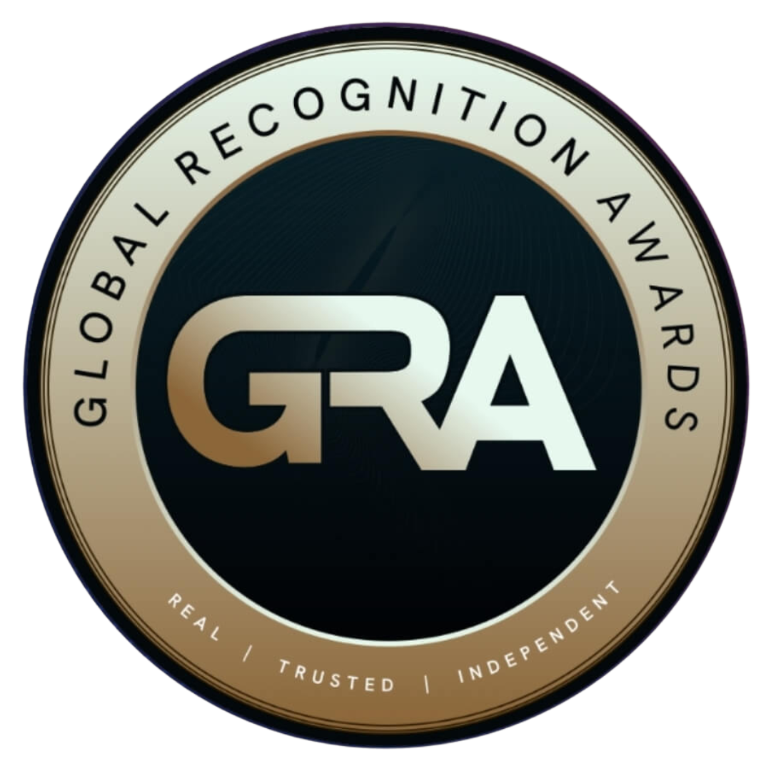 A circular badge with a black center and gold border, stating 'Global Recognition Awards' around the top and 'Real Trusted Independent' around the bottom, with the letters 'GRA' in the center.