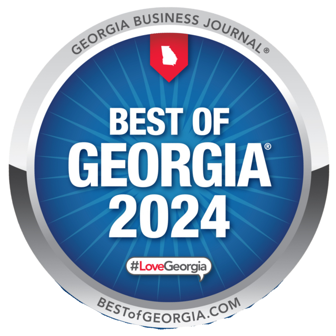 Medal or badge with blue and silver design, stating 'Best of Georgia 2024' by Georgia Business Journal, with hashtag #LoveGeorgia and website bestofgeorgia.com.