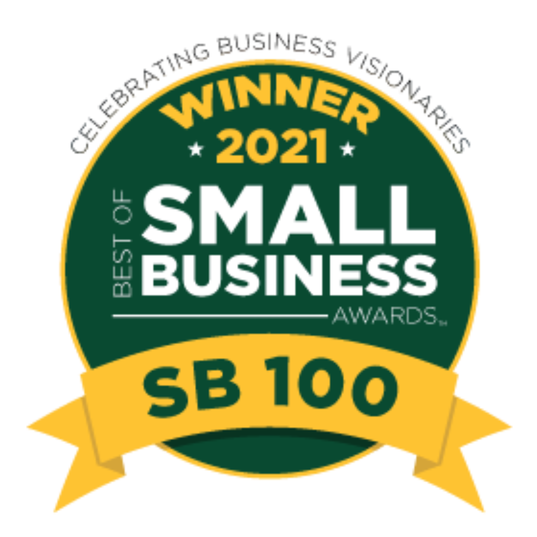 Badge recognizing Small Business of the Year, winner in 2021, awarded by SB 100.