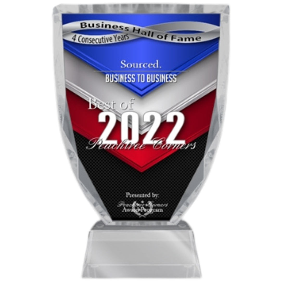 Crystal award with blue, white, red, and black geometric design, titled 'Best of 2022' from 'Proudest Moments', presented by 'Frederick & Sorensen Awards.com' for 'Business to Business' recognition, with 'Business Hall of Fame 4 Consecutive Years' ba