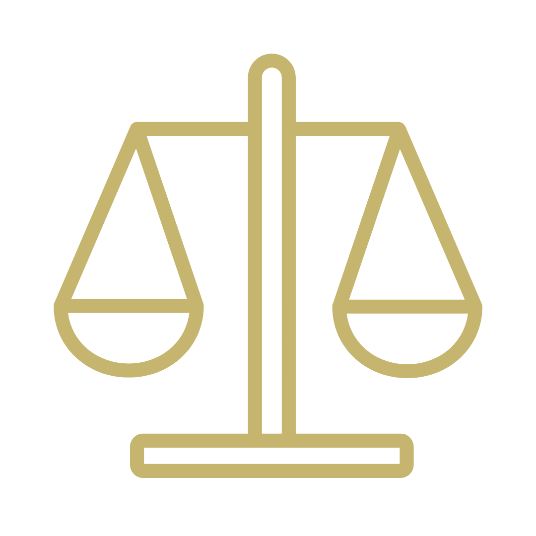 Gold outline of a balance scale on a black background.