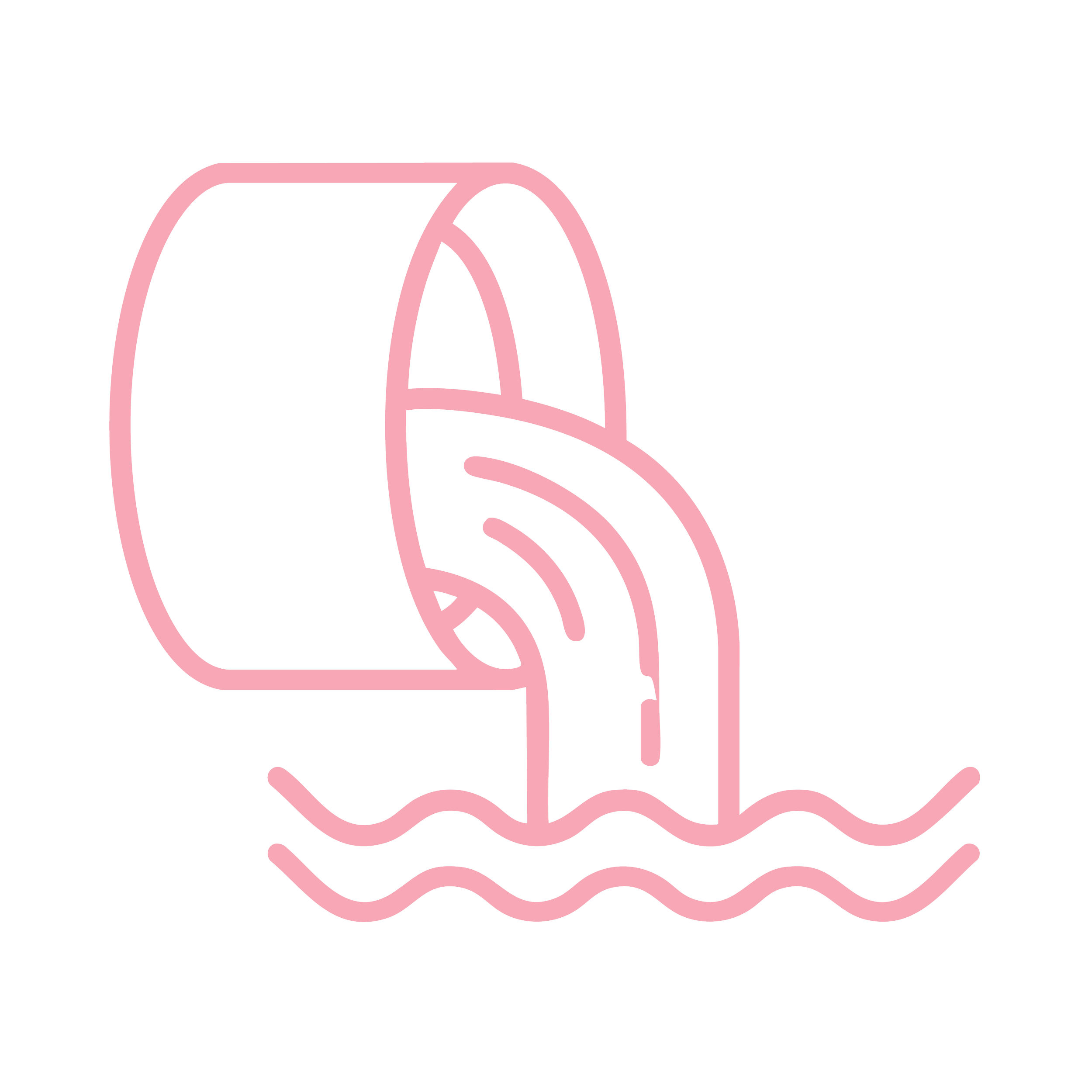 Neon sign of a paint bucket pouring paint into a pool with wavy lines, outlined in pink on a black background.