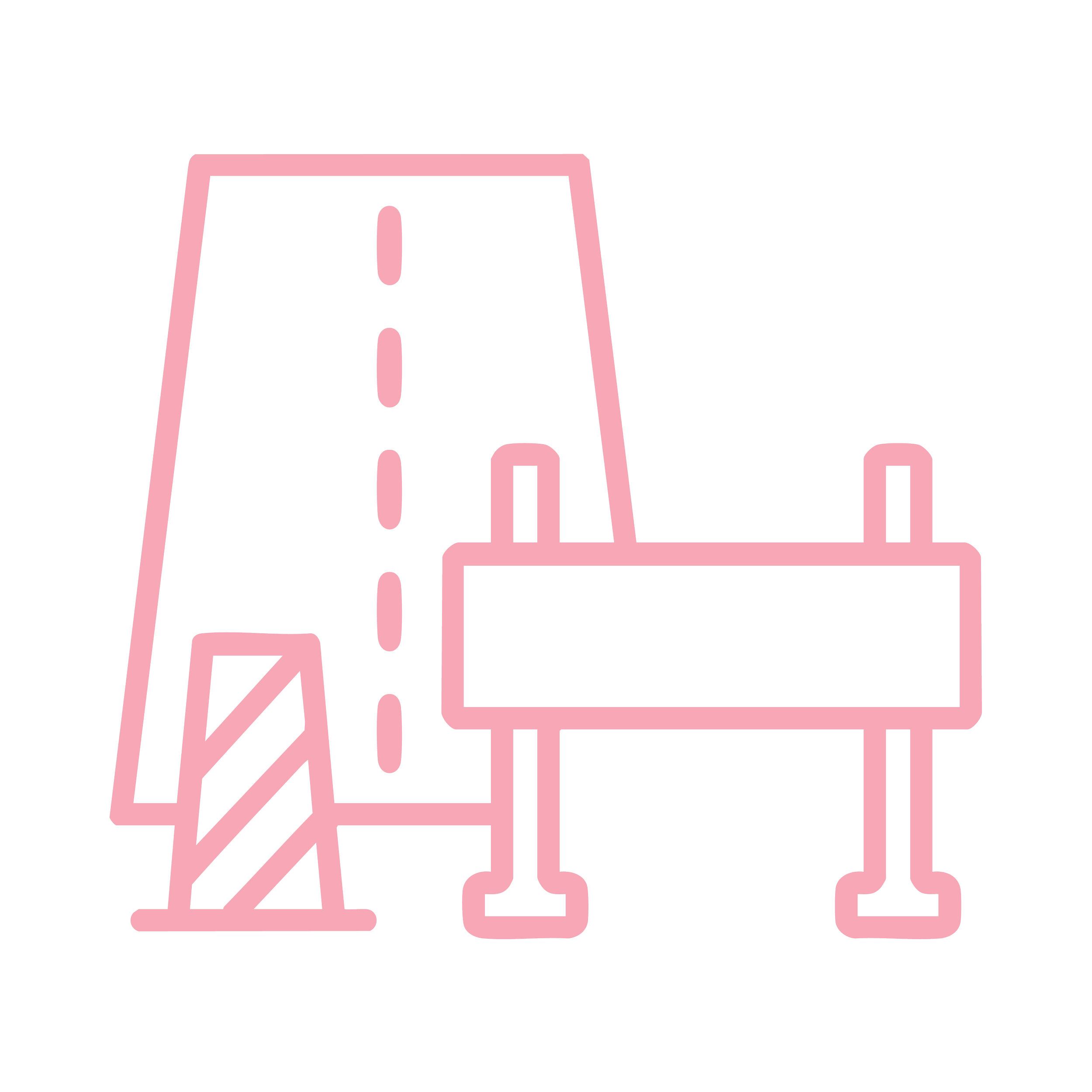 Pink outline illustration of a road construction scene with a traffic cone, a construction barrier, and a construction vehicle, against a black background.