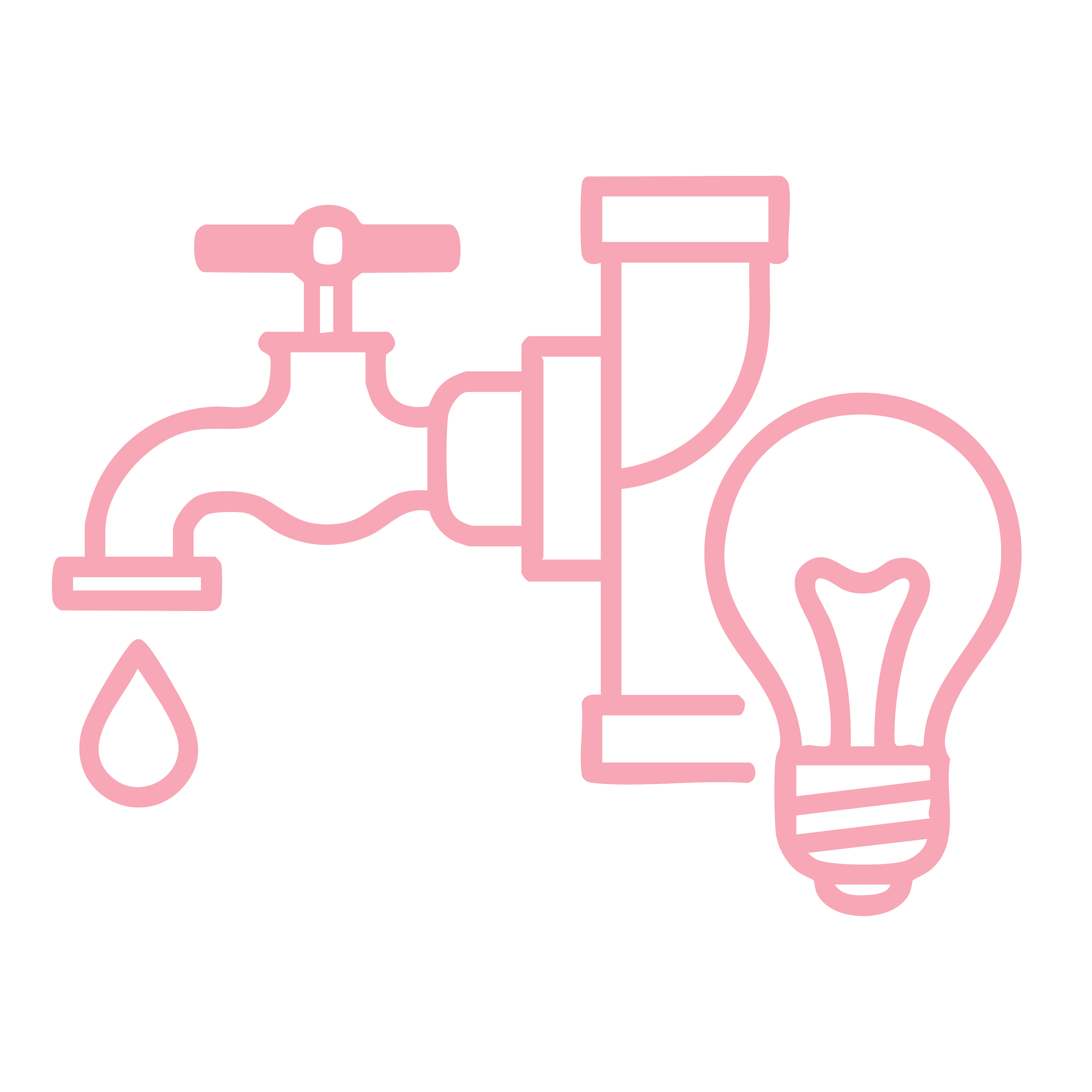 Pink outline of a faucet with water dripping, connected to a pipe funneling into a light bulb