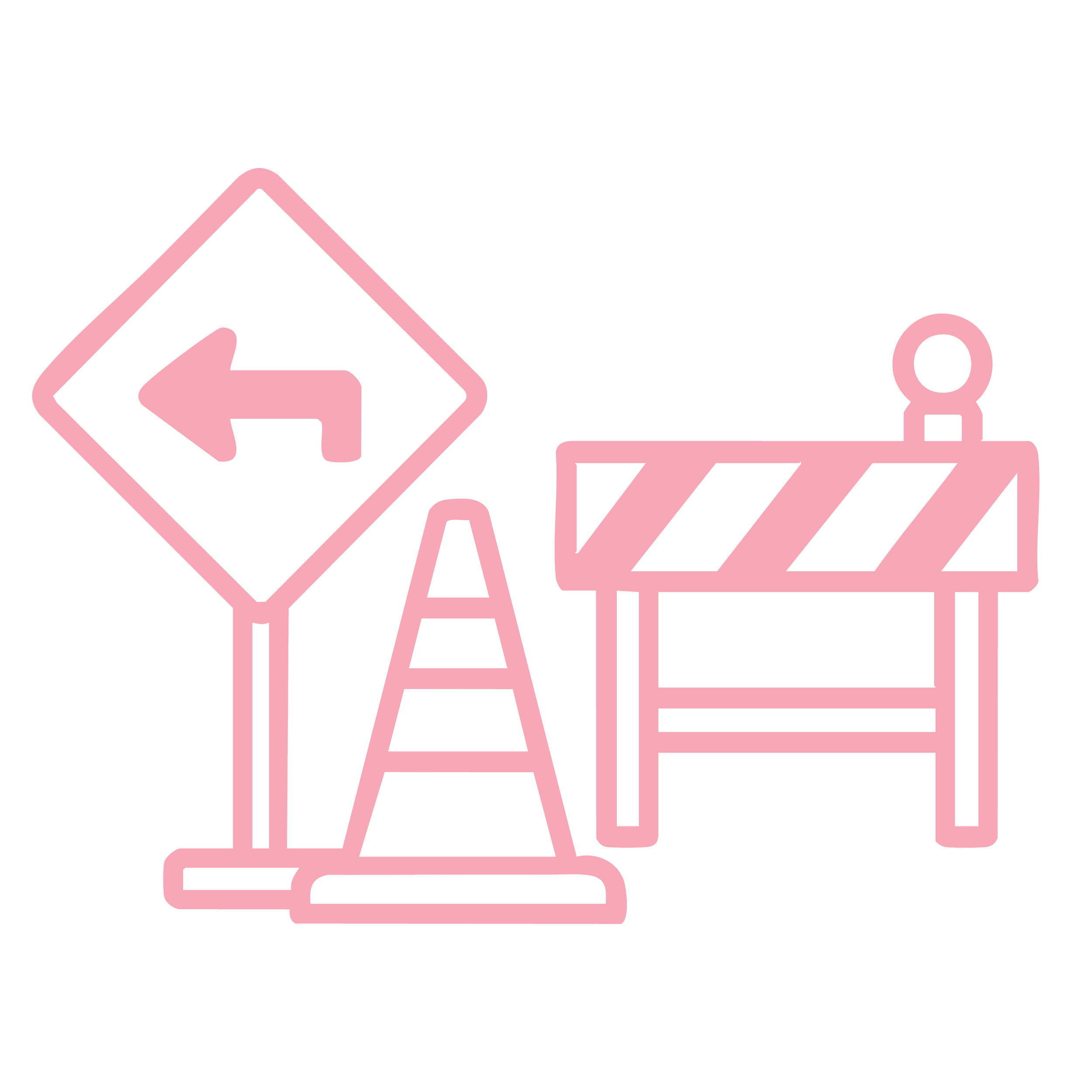 Outline of a left turn traffic sign, construction cone, and barricade, all in pink.