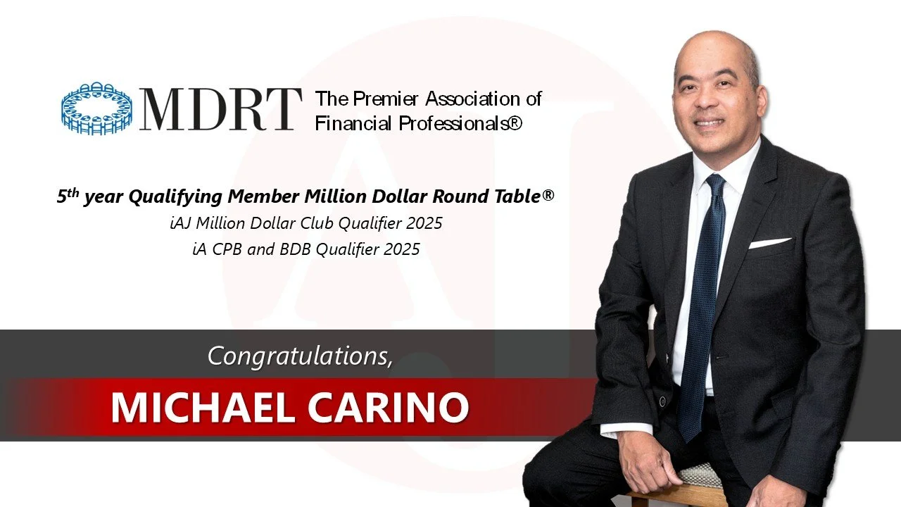 Certificate of achievement awarded to Michael Carino from the MDRT association, featuring a photo of Michael Carino in a black suit with a white shirt and blue tie, sitting on a chair with a smile, with the MDRT logo and text details on the background.