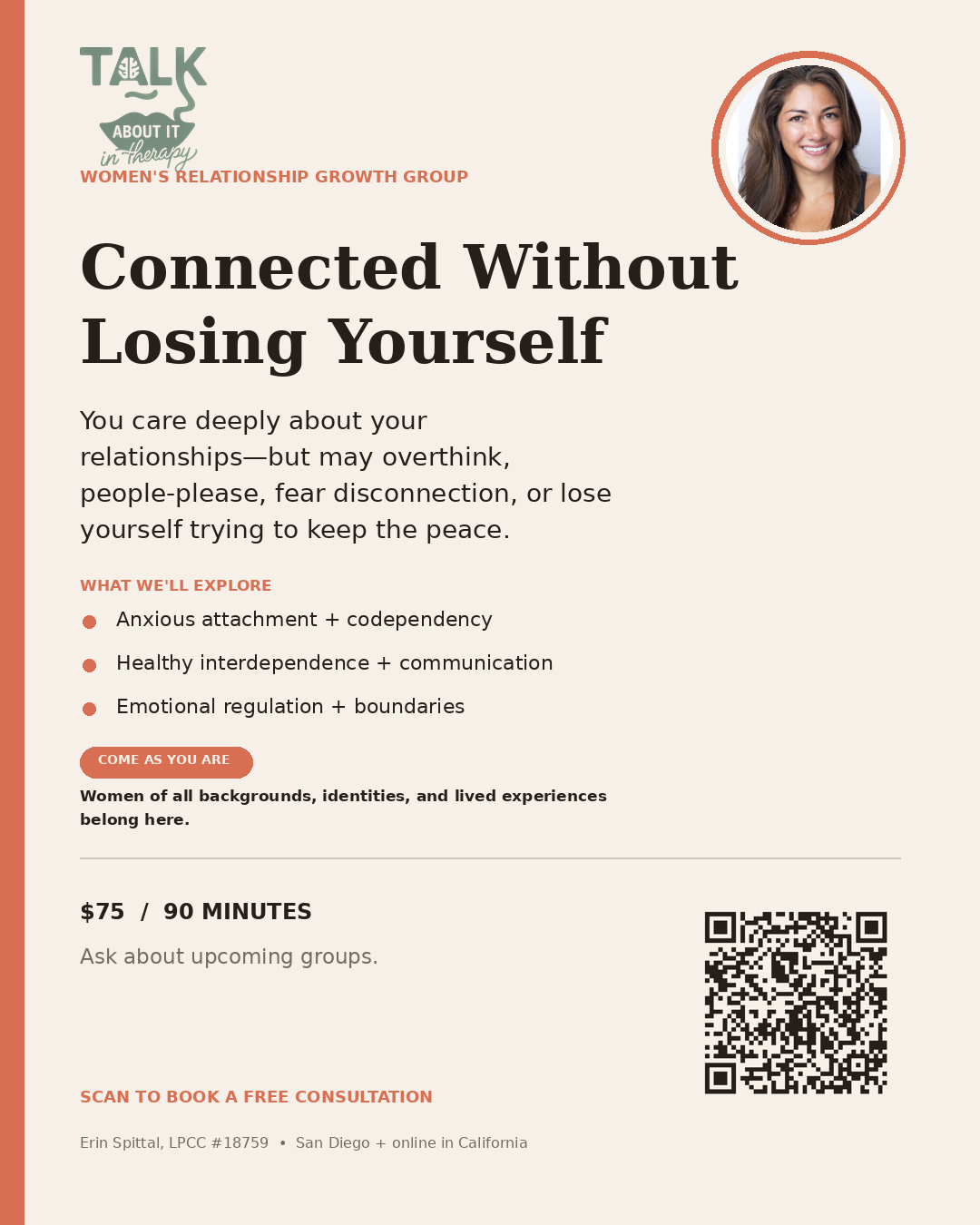 Connected Without Losing Yourself codependency and relationship support group for women — $75 for 90 minutes