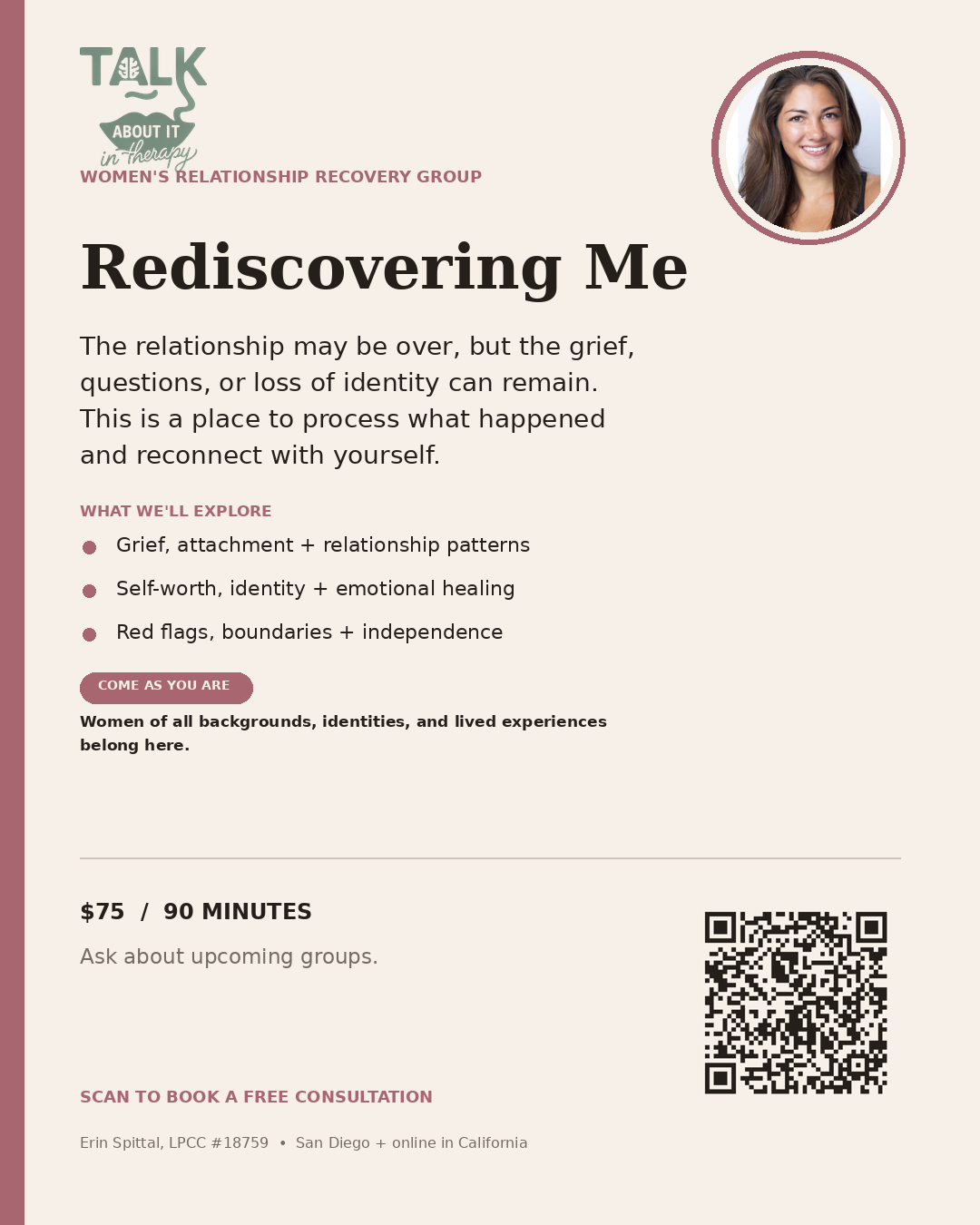 Rediscovering Me trauma, breakup and divorce support group for women — $75 for 90 minutes