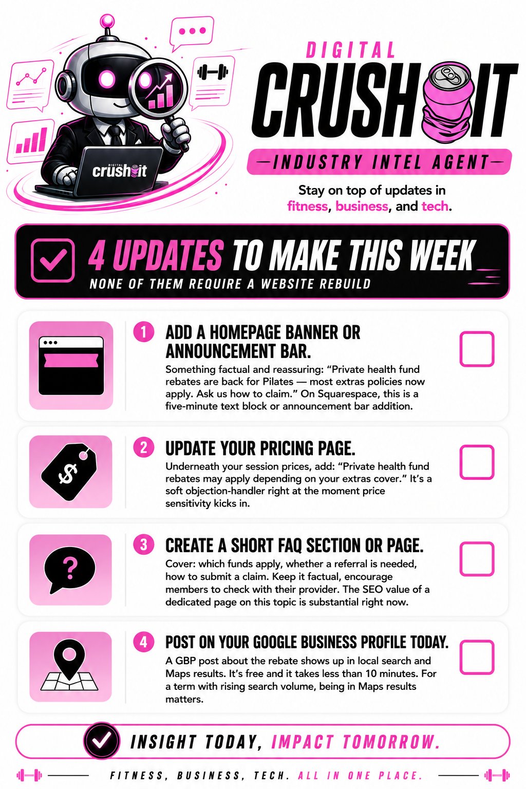 This is the checklist pilates studio owners need to make on their website if they want to be known they are able to provide health fun rebates.
