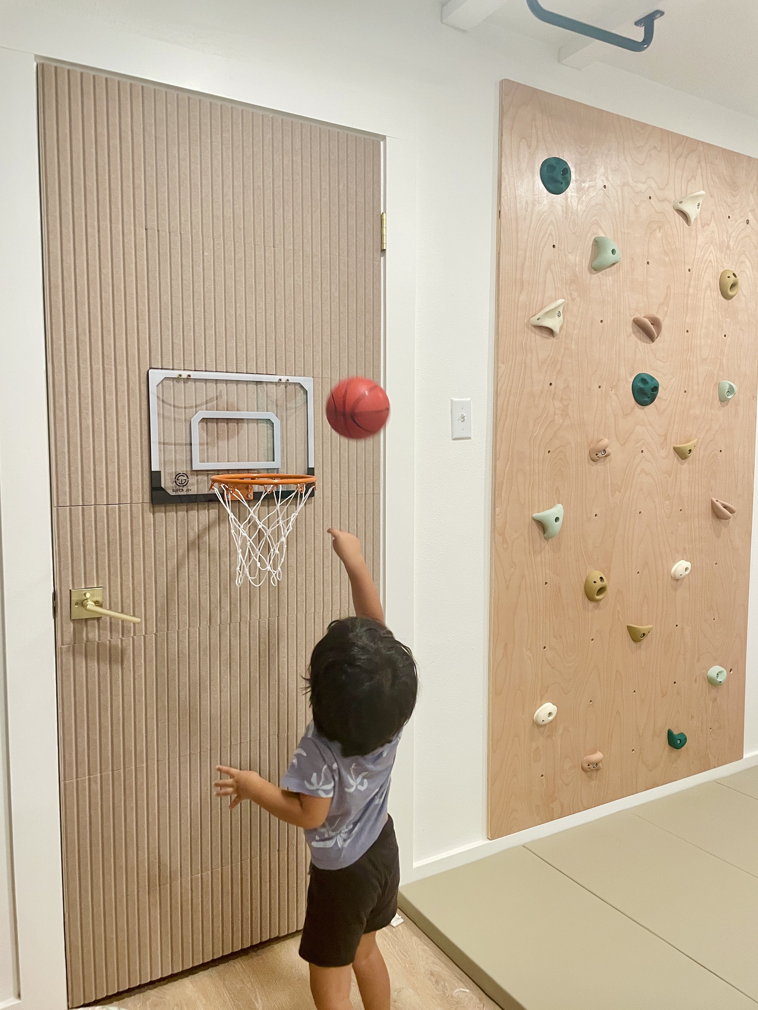 Toddler throwing ball through hoop