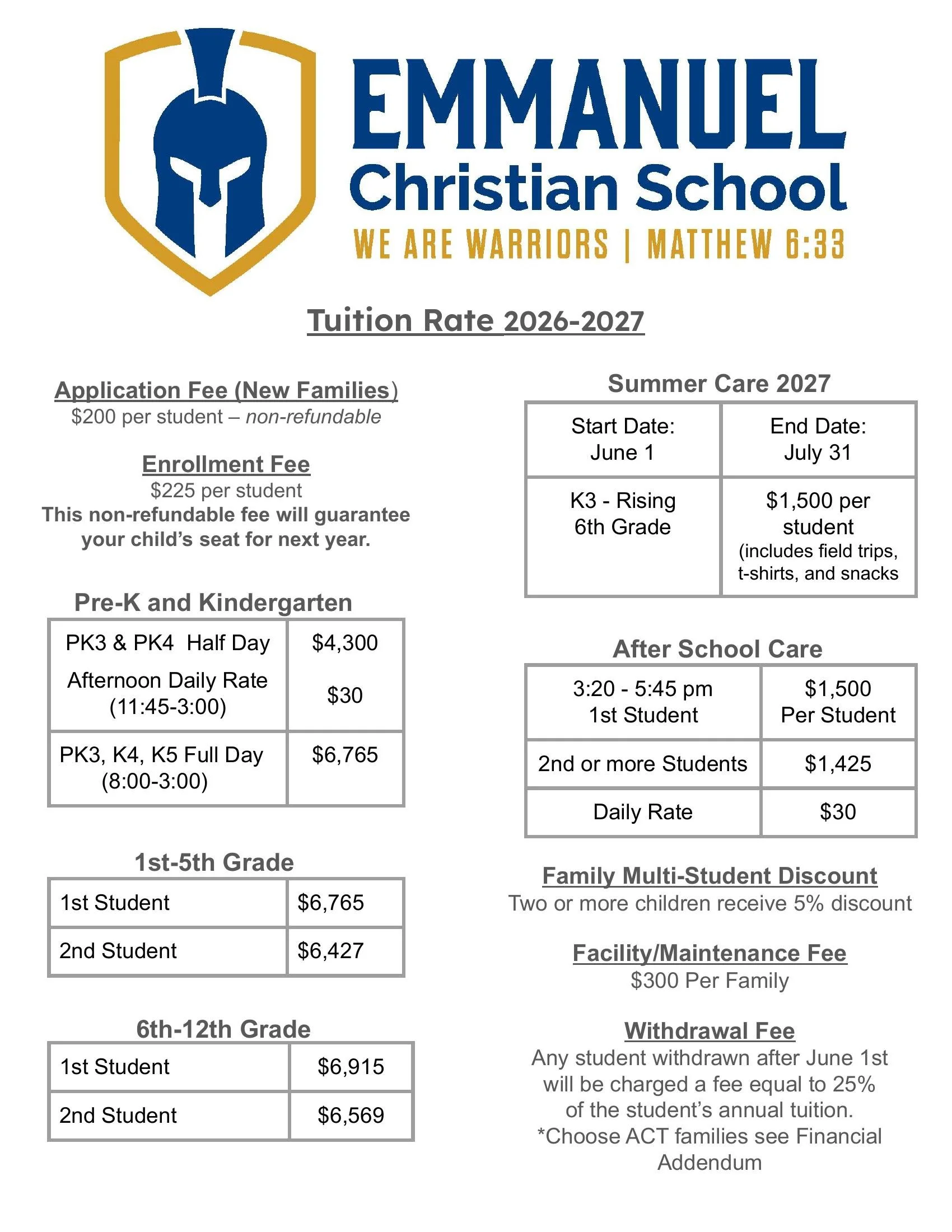 Tuition rates and summer care information for Emmanuel Christian School, with a school logo featuring a blue helmeted warrior and the motto 'We Are Warriors | Matthew 6:33.'
