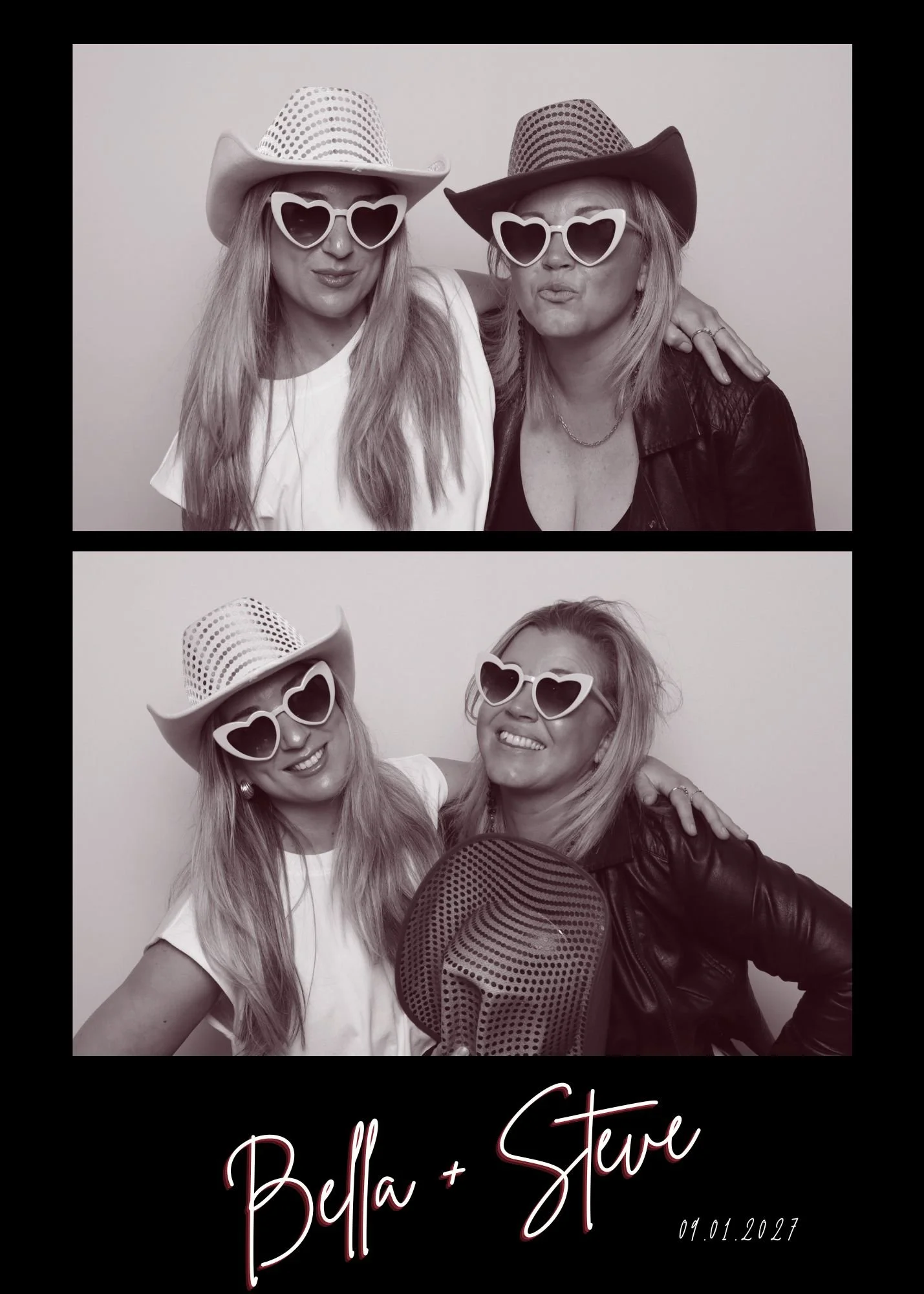 Two women wearing cowboy hats and heart-shaped sunglasses in a photo booth, smiling and having fun. The photo is in black and white and features a design with the text 'Bella + Stew' and the date '09.01.2027'.
